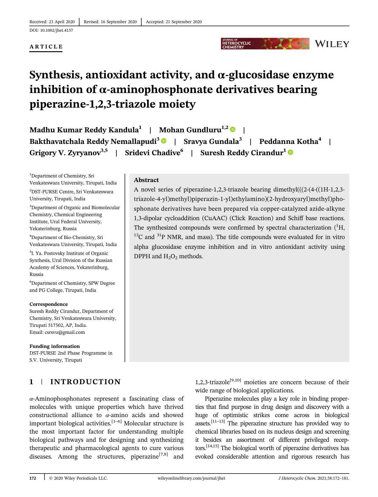 Synthesis, Antioxidant activity and Î±-glucosidase enzyme inhibition of Î±-aminophosphonate derivatives bearing piperazine-1,2,3-triazole moiety by Unknown