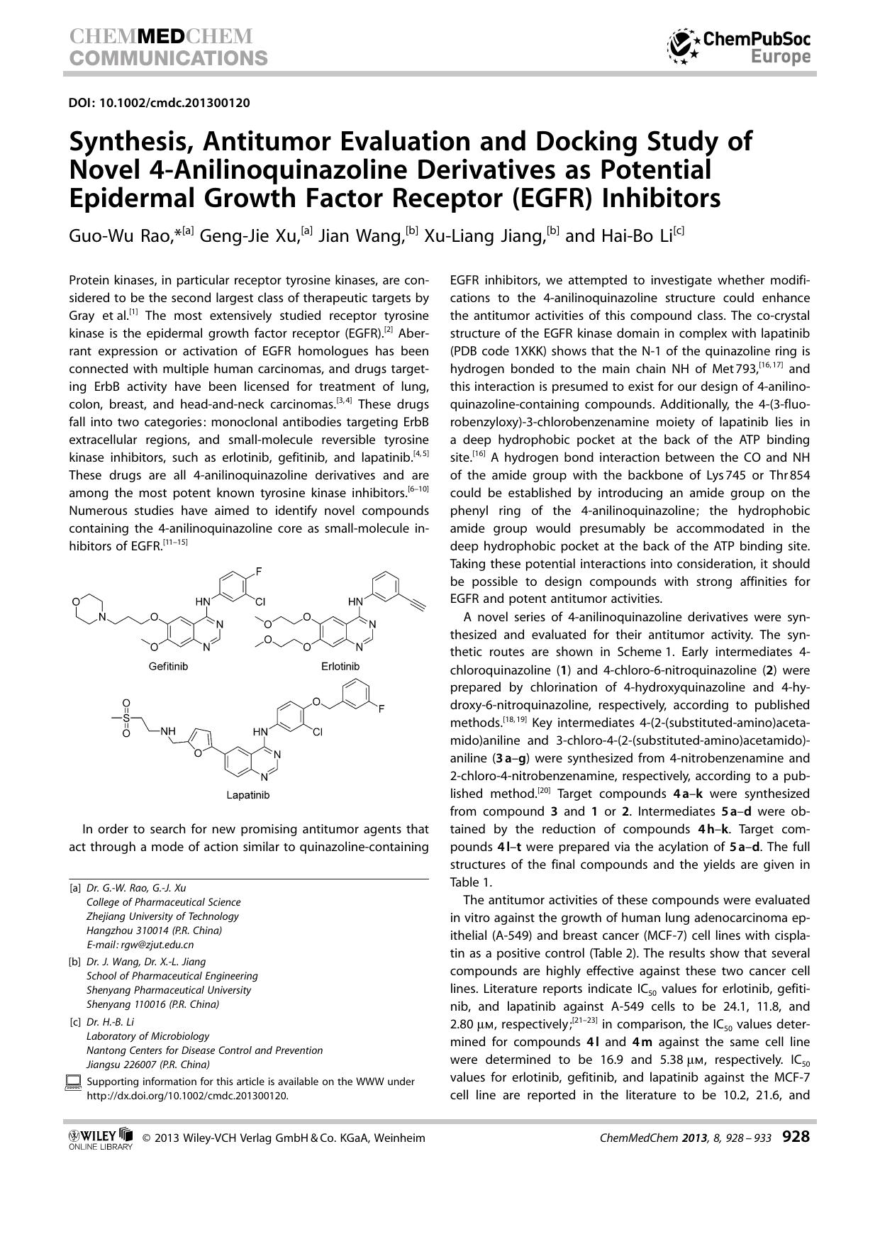 Synthesis, Antitumor Evaluation and Docking Study of Novel 4Anilinoquinazoline Derivatives as Potential Epidermal Growth Factor Receptor (EGFR) Inhibitors by Unknown
