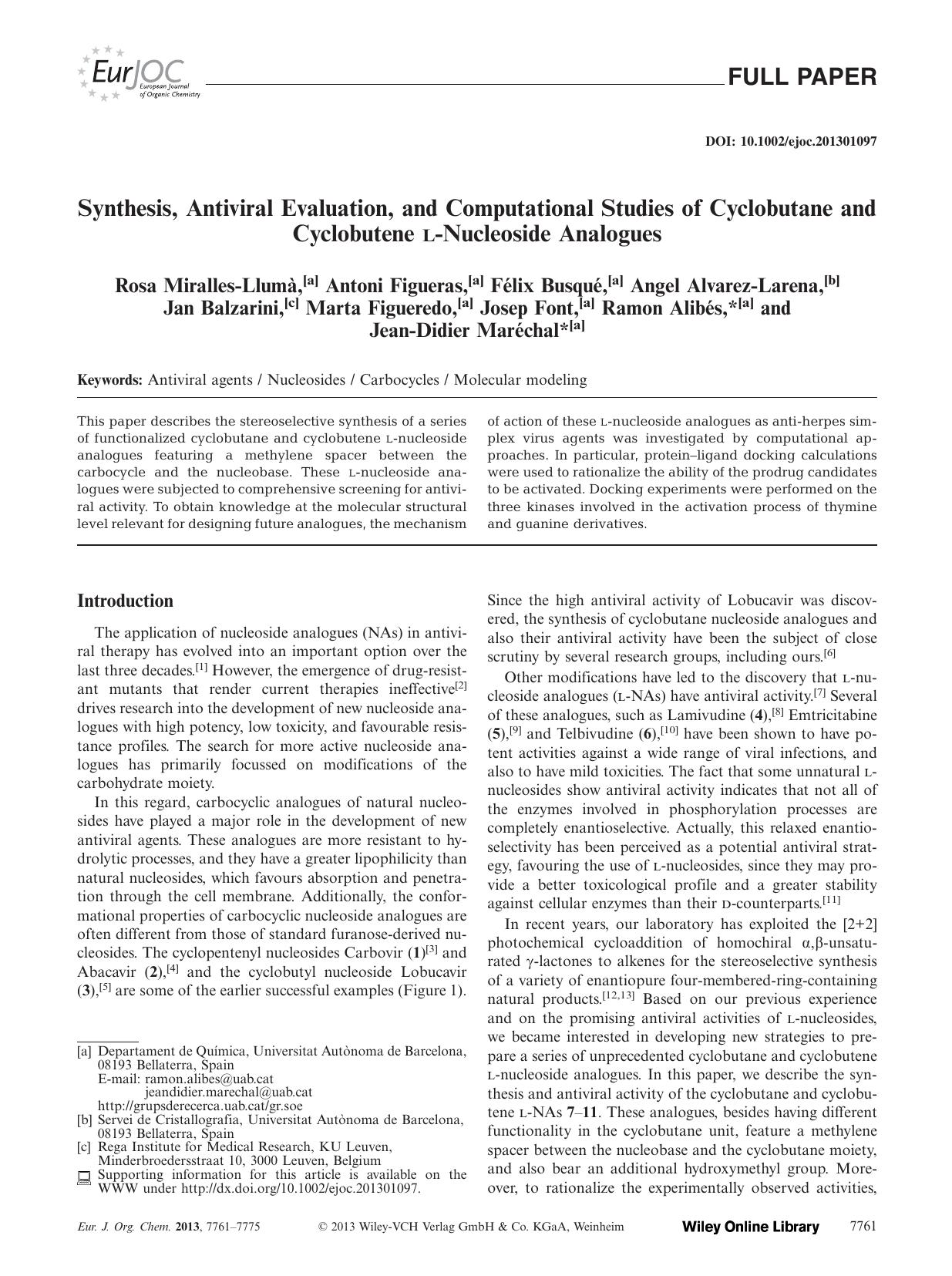 Synthesis, Antiviral Evaluation, and Computational Studies of Cyclobutane and Cyclobutene LNucleoside Analogues by Unknown