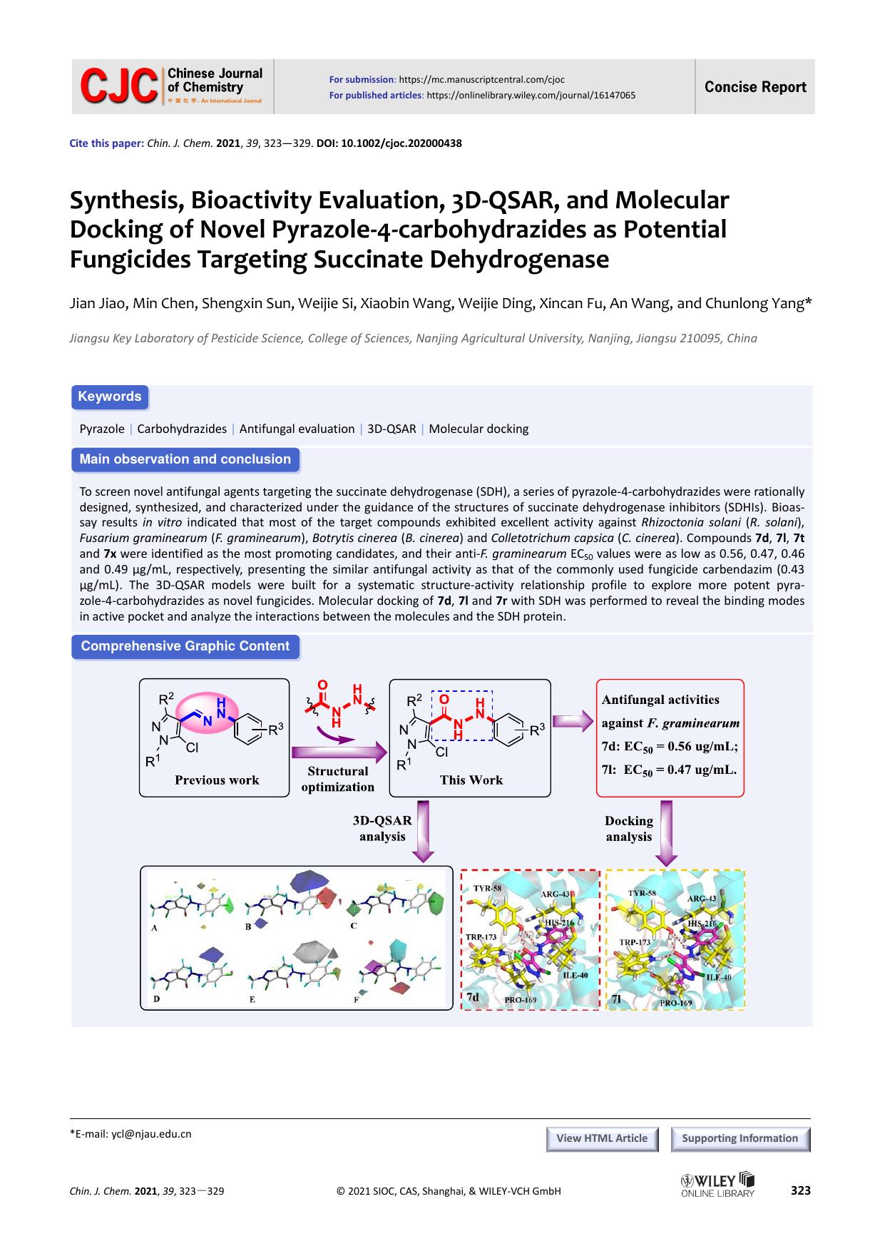 Synthesis, Bioactivity Evaluation, 3D-QSAR, and Molecular Docking of Novel Pyrazole-4-carbohydrazides as Potential Fungicides Targeting Succinate Dehydrogenase by grh