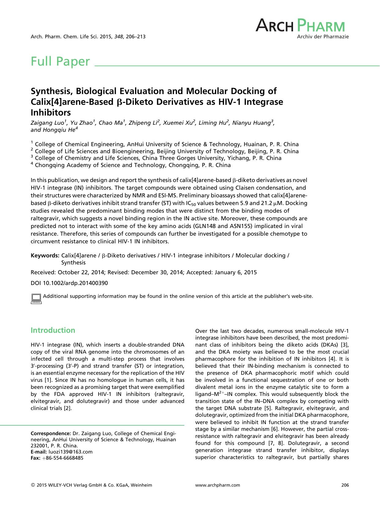 Synthesis, Biological Evaluation and Molecular Docking of Calix[4]arene-Based β-Diketo Derivatives as HIV-1 Integrase Inhibitors by Unknown