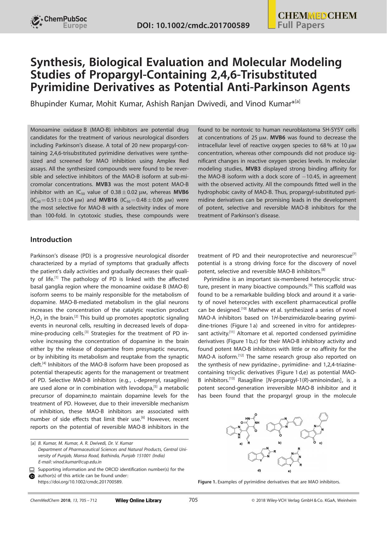 Synthesis, Biological Evaluation and Molecular Modeling Studies of PropargylâContaining 2,4,6âTrisubstituted Pyrimidine Derivatives as Potential AntiâParkinson Agents by Unknown