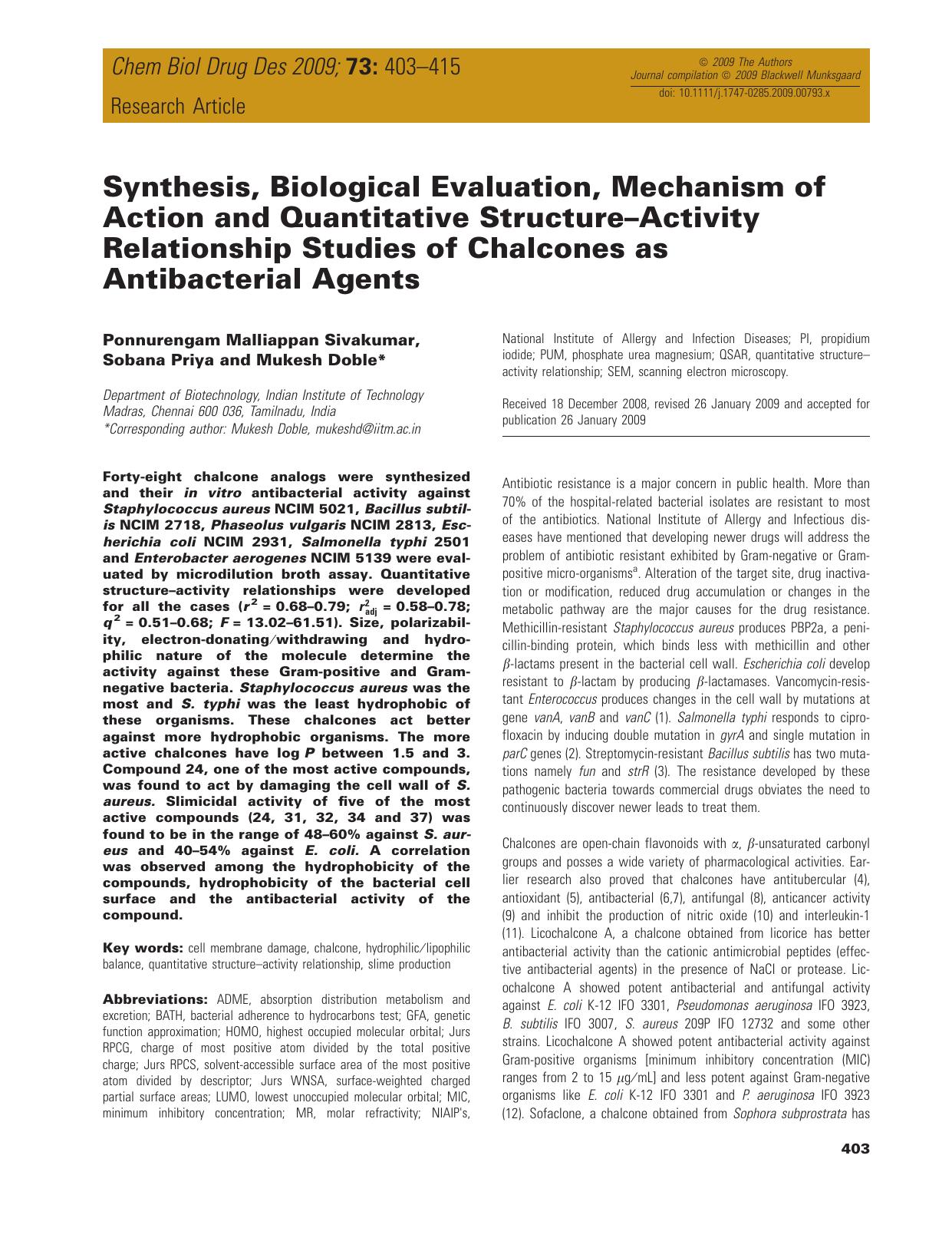 Synthesis, Biological Evaluation, Mechanism of Action and Quantitative Structure–Activity Relationship Studies of Chalcones as Antibacterial Agents by unknow
