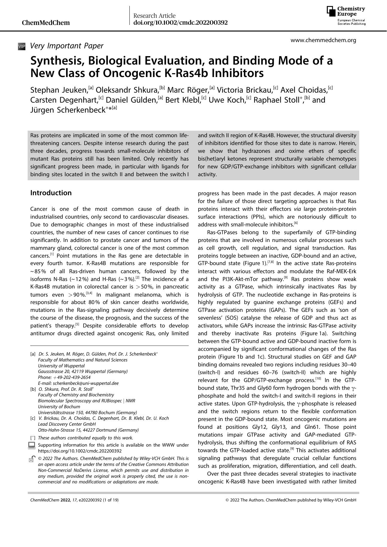 Synthesis, Biological Evaluation, and Binding Mode of a New Class of Oncogenic KâRas4b Inhibitors by Unknown