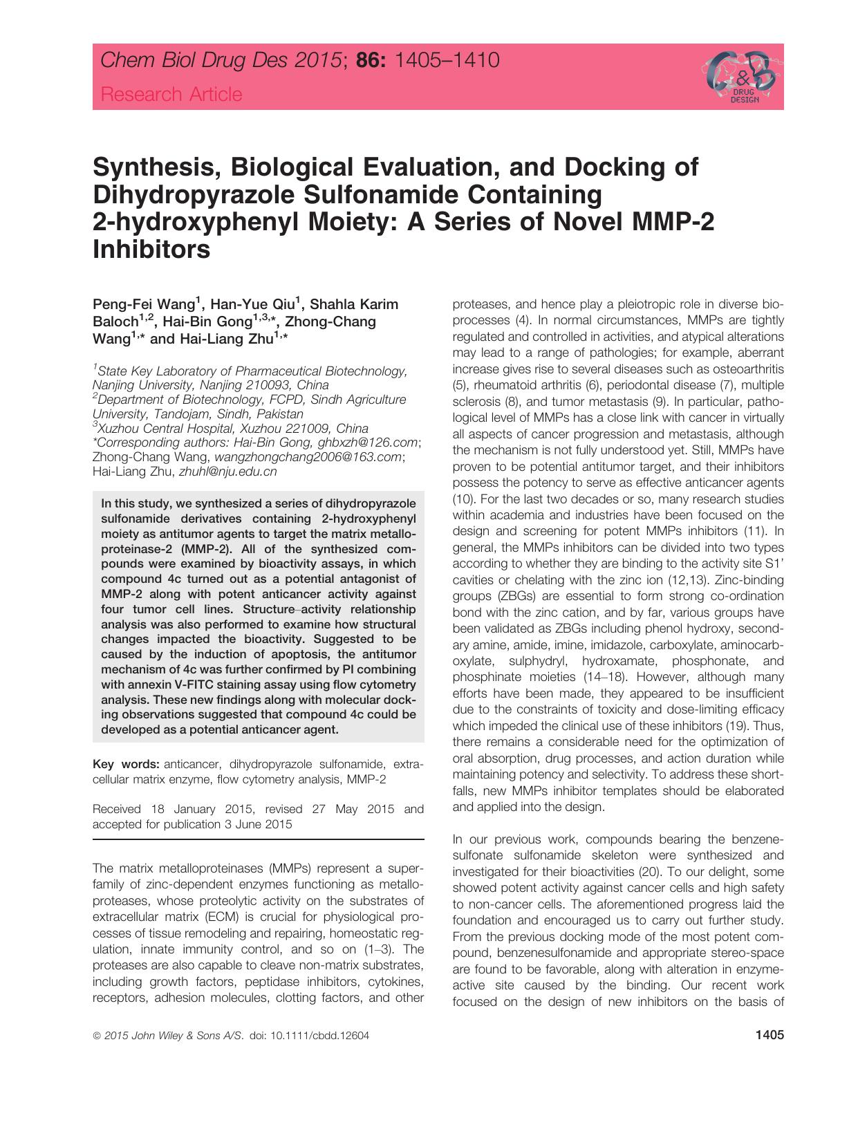 Synthesis, Biological Evaluation, and Docking of Dihydropyrazole Sulfonamide Containing 2‐hydroxyphenyl Moiety: A Series of Novel MMP‐2 Inhibitors by Unknown