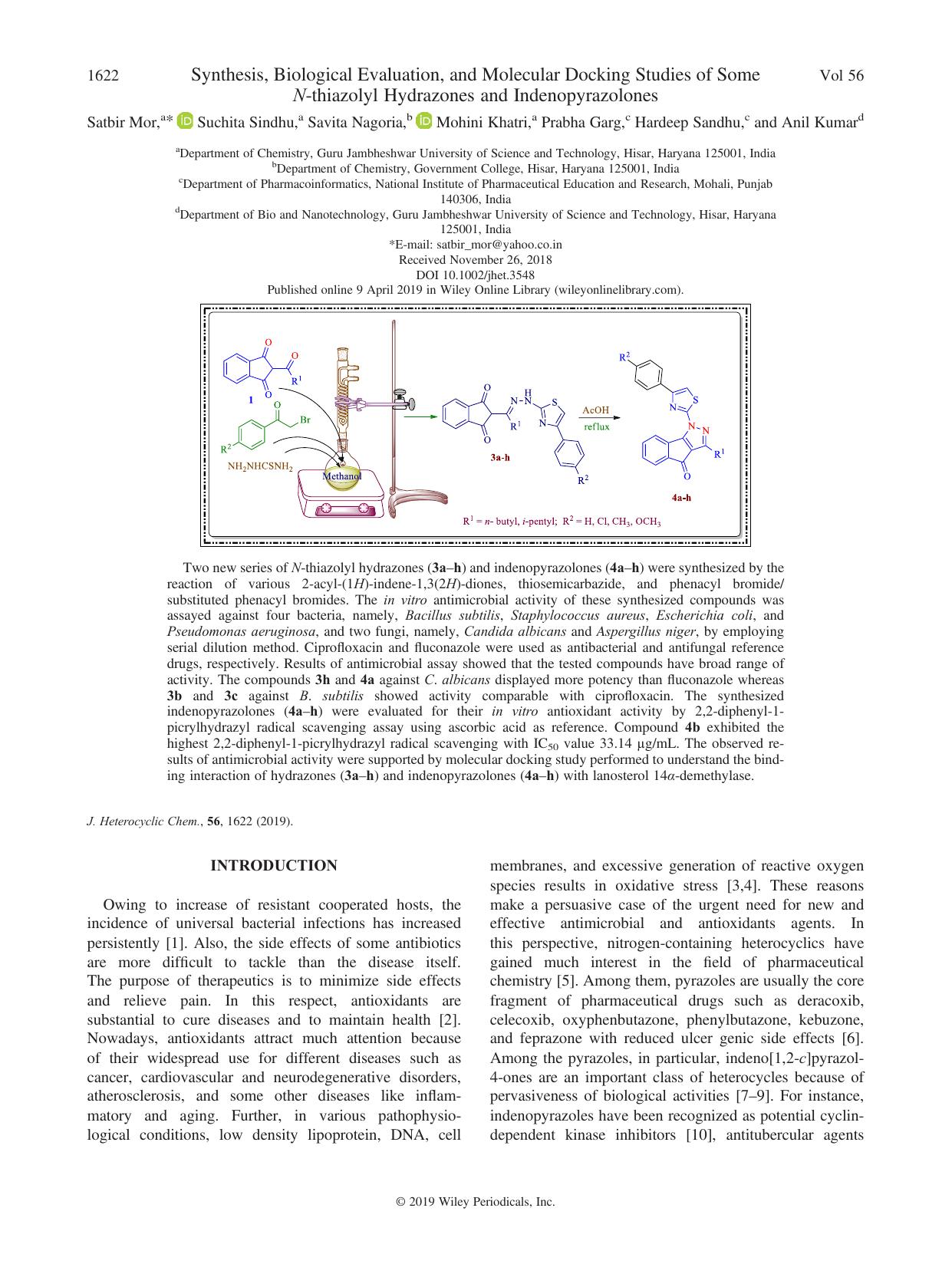 Synthesis, Biological Evaluation, and Molecular Docking Studies of Some N-thiazolyl Hydrazones and Indenopyrazolones by Satbir Mor Suchita Sindhu Savita Nagoria Mohini Khatri Prabha Garg Hardeep Sandhu Anil Kumar