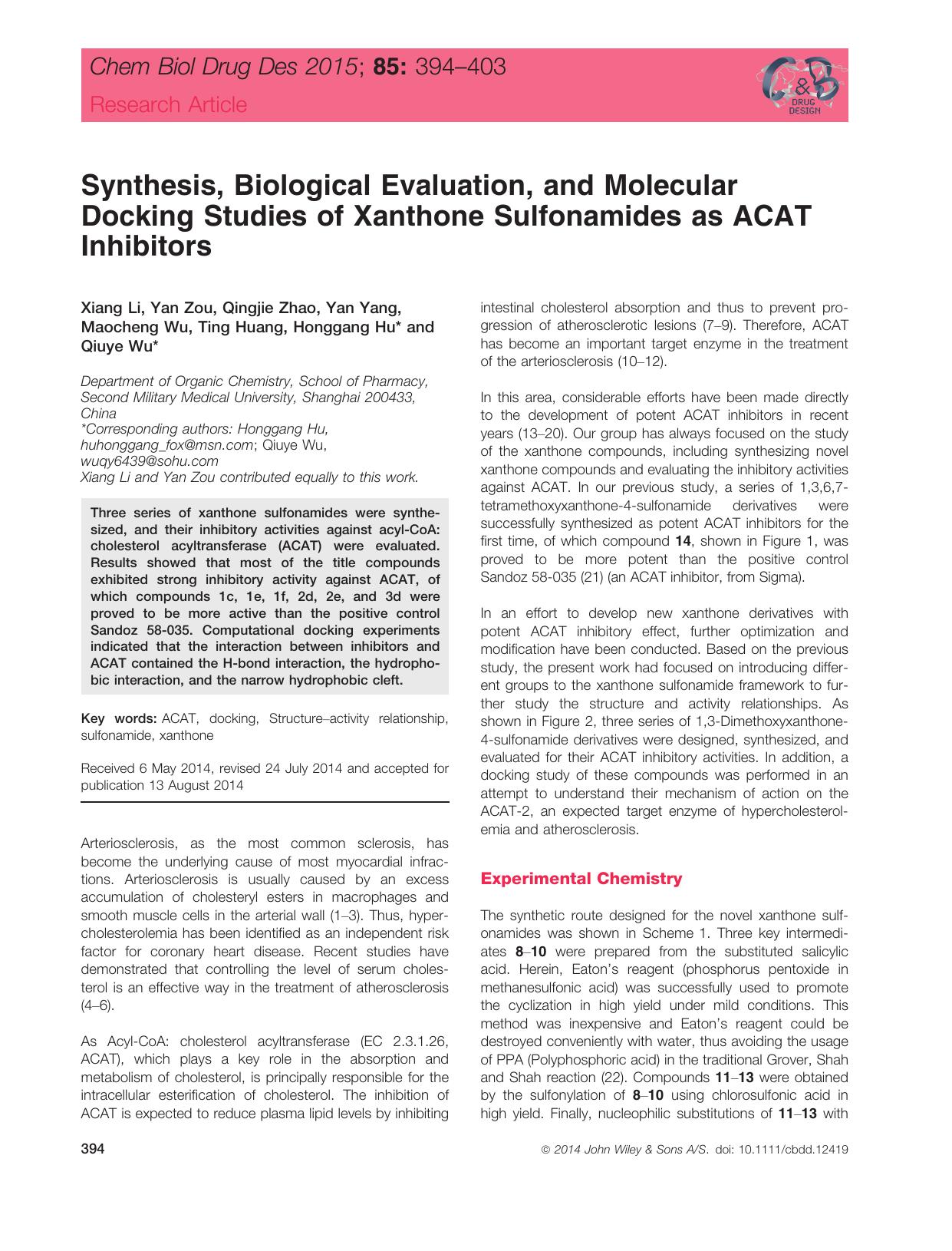 Synthesis, Biological Evaluation, and Molecular Docking Studies of Xanthone Sulfonamides as ACAT Inhibitors by unknow