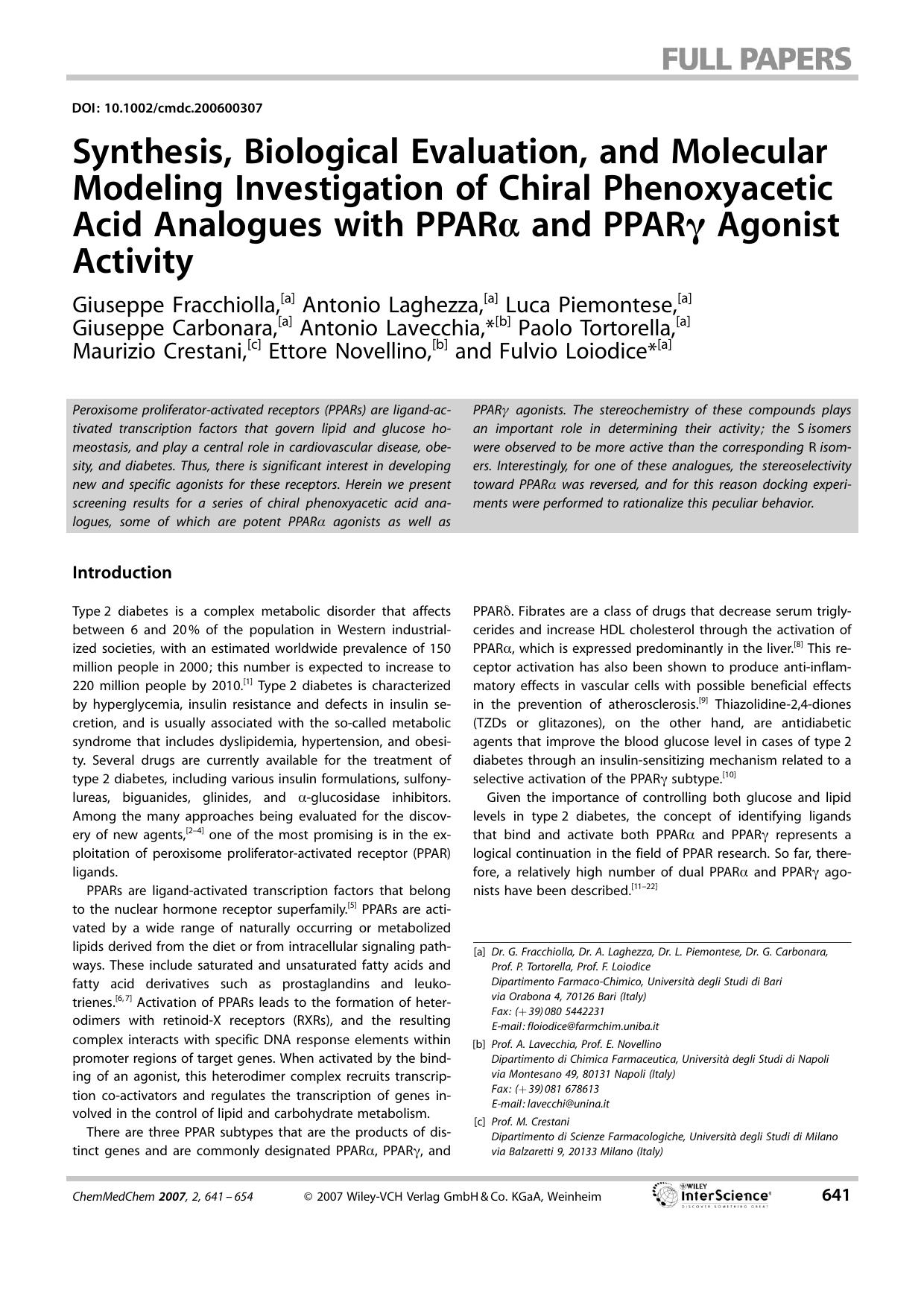 Synthesis, Biological Evaluation, and Molecular Modeling Investigation of Chiral Phenoxyacetic Acid Analogues with PPAR[alpha] and PPAR[gamma] Agonist Activity by Unknown