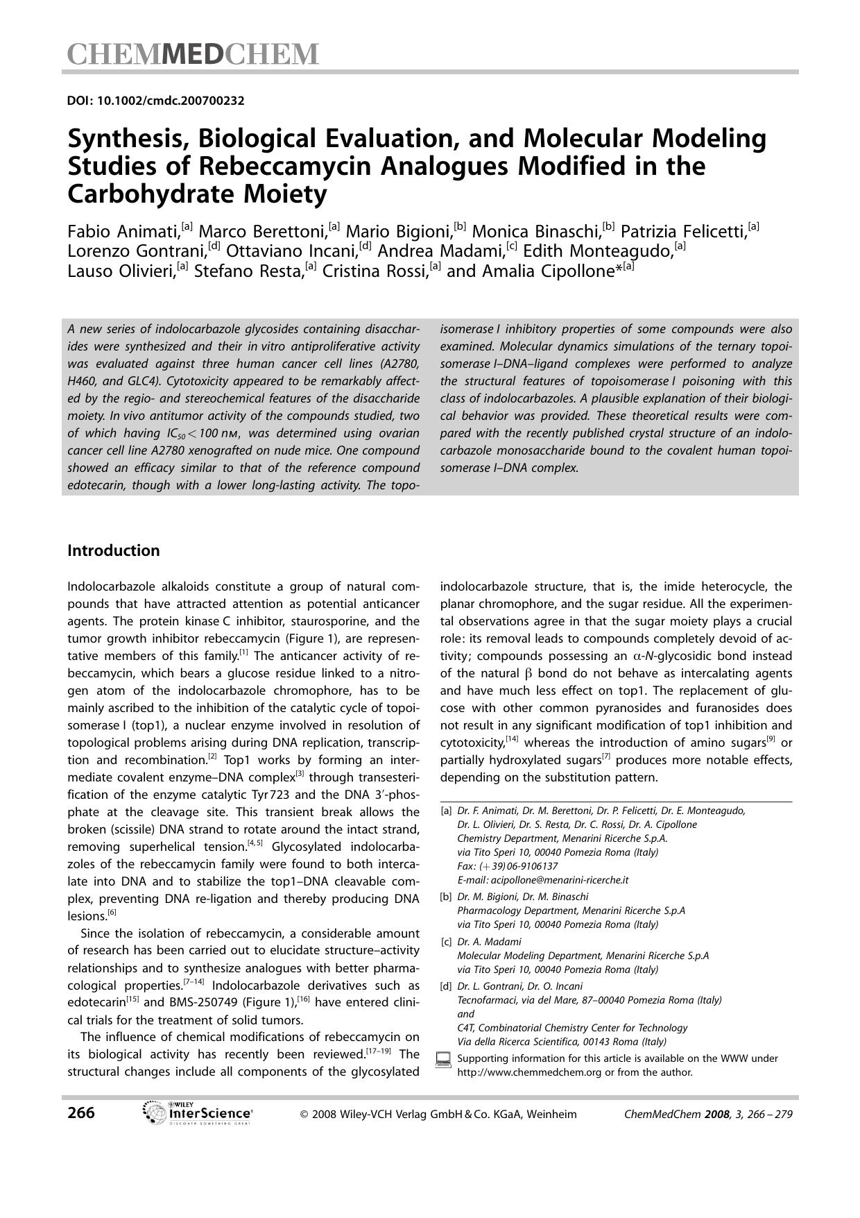 Synthesis, Biological Evaluation, and Molecular Modeling Studies of Rebeccamycin Analogues Modified in the Carbohydrate Moiety by Unknown
