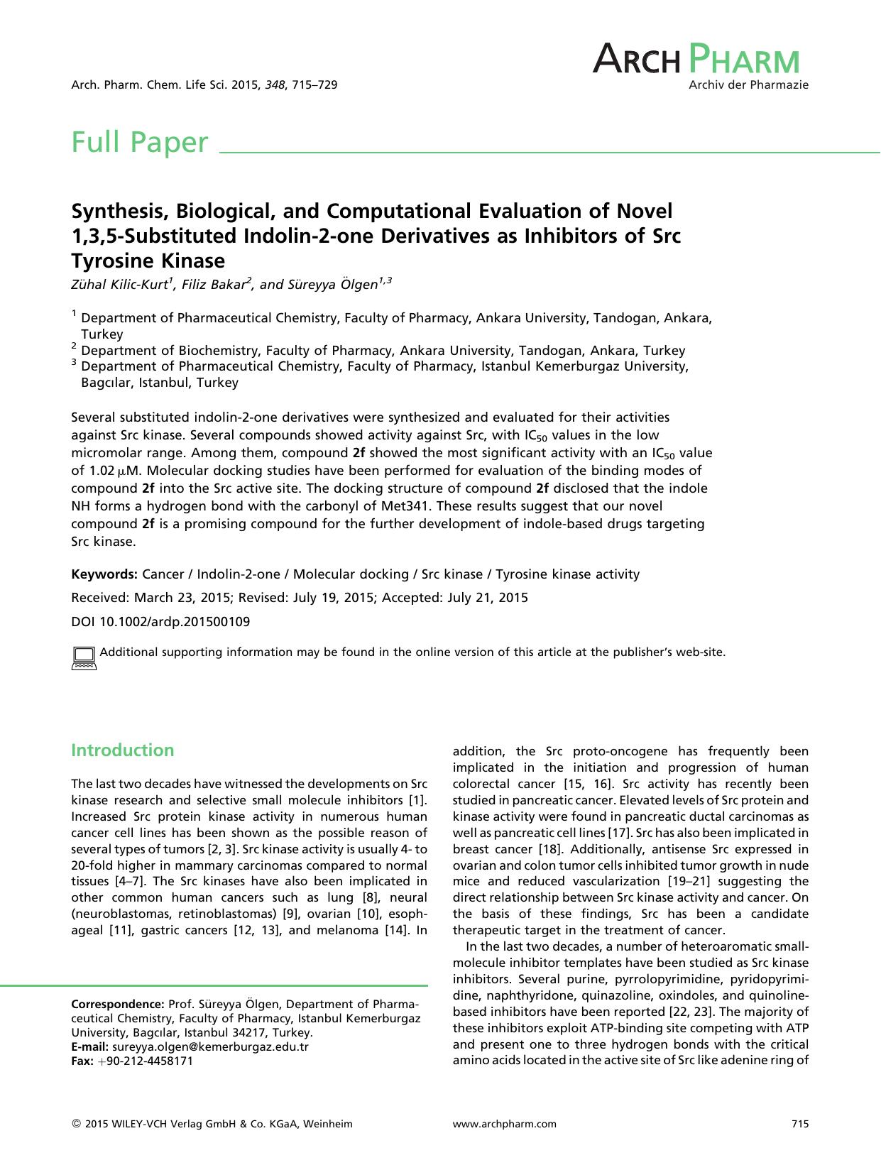 Synthesis, Biological, and Computational Evaluation of Novel 1,3,5-Substituted Indolin-2-one Derivatives as Inhibitors of Src Tyrosine Kinase by Unknown