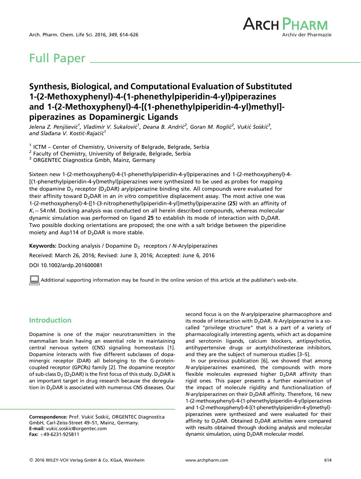 Synthesis, Biological, and Computational Evaluation of Substituted 1-(2-Methoxyphenyl)-4-(1-phenethylpiperidin-4-yl)piperazines and 1-(2-Methoxyphenyl)-4-[(1-phenethylpiperidin-4-y by Unknown