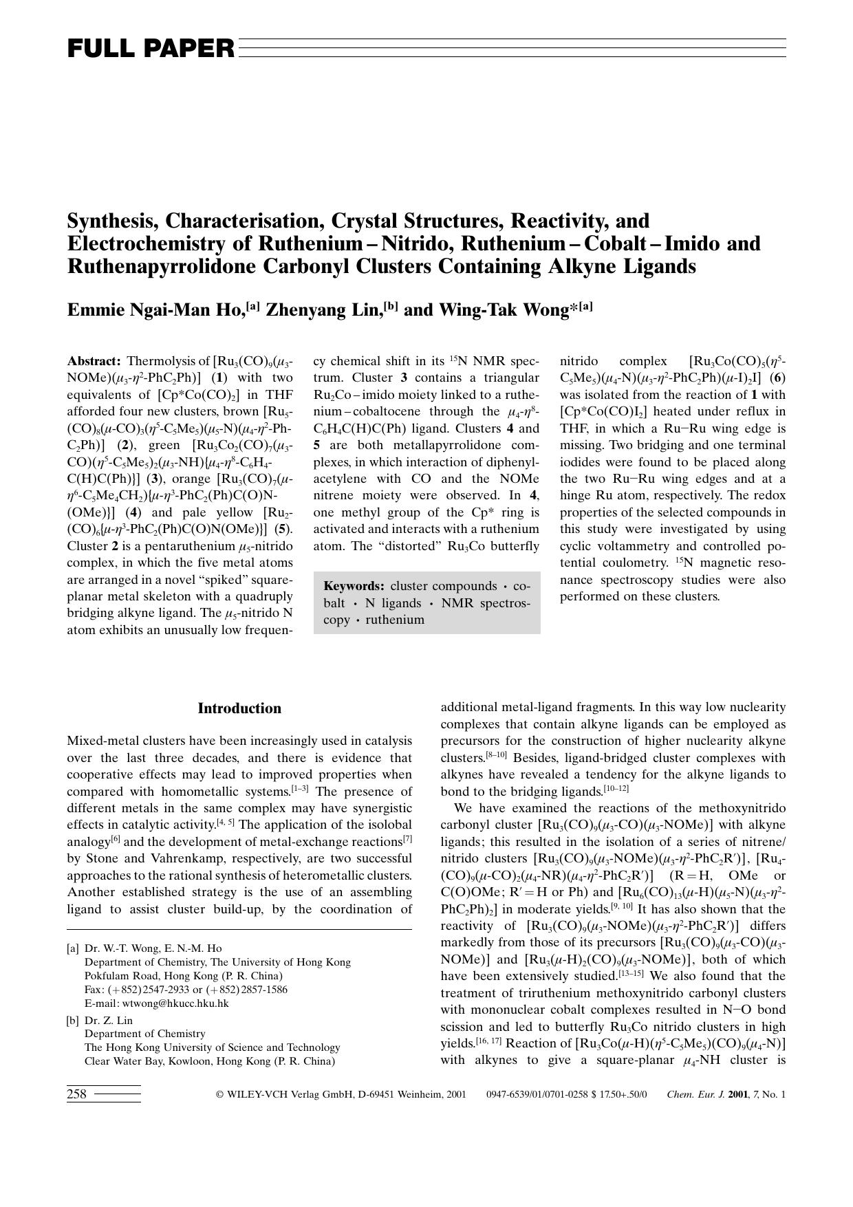 Synthesis, Characterisation, Crystal Structures, Reactivity, and Electrochemistry of Ruthenium-Nitrido, Ruthenium-Cobalt-Imido and Ruthenapyrrolidone Carbonyl Clusters Containing Alkyne Ligands by Unknown