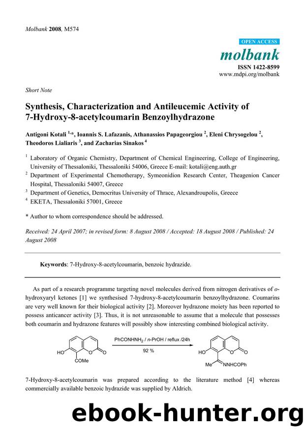 Synthesis, Characterization and Antileucemic Activity of 7-Hydroxy-8-acetylcoumarin Benzoylhydrazone by unknow