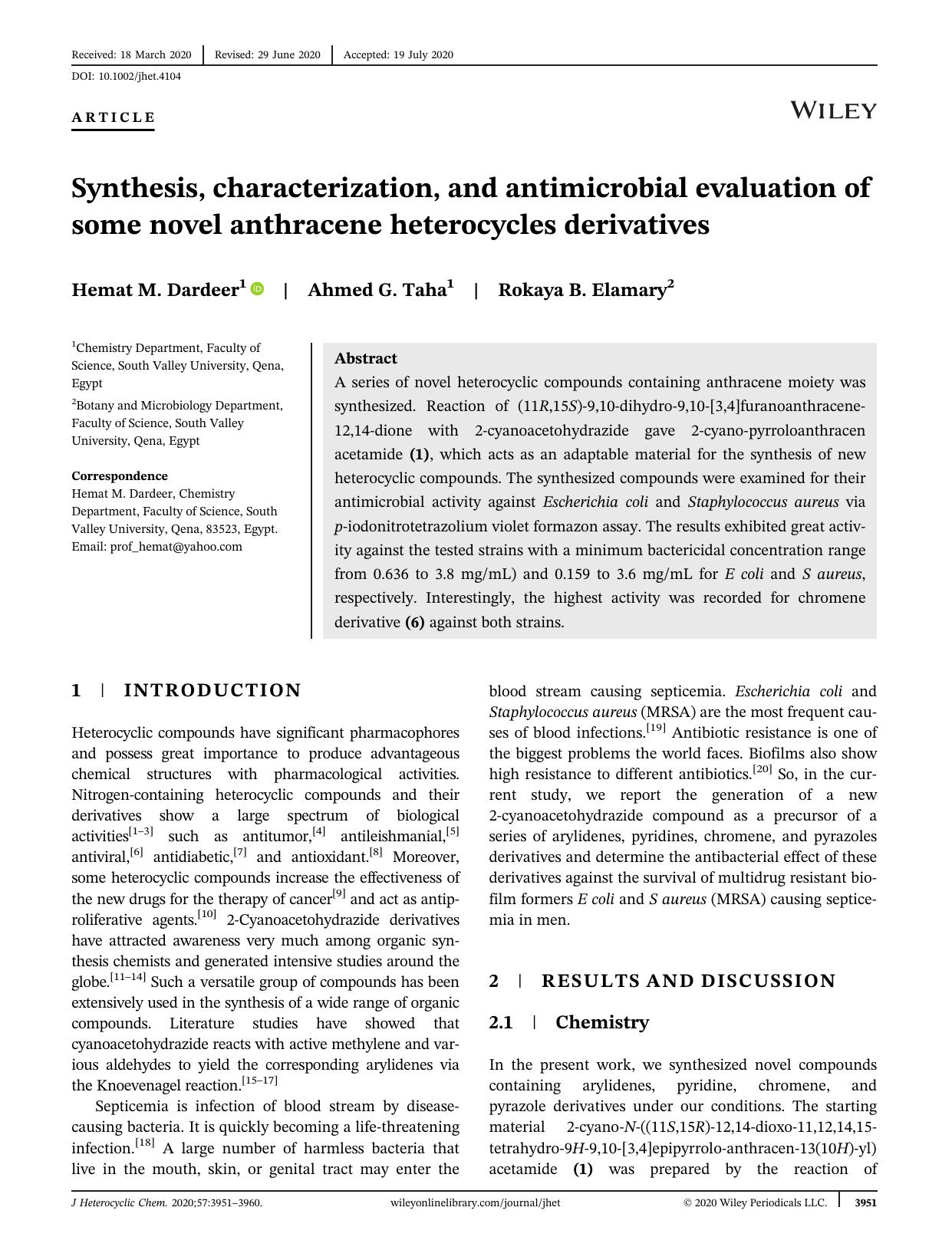 Synthesis, Characterization and Antimicrobial Evaluation of Some Novel Anthracene Heterocycles Derivatives by Unknown