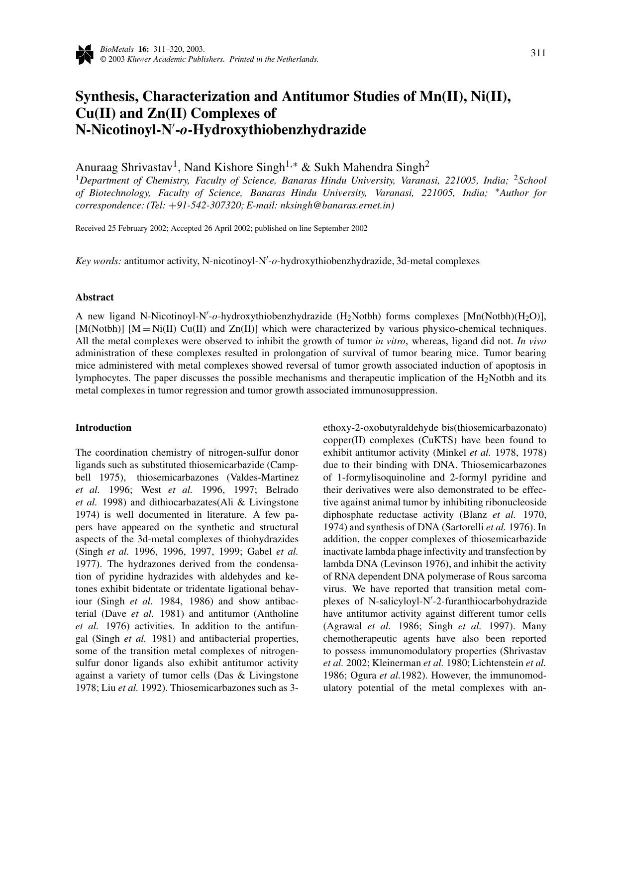 Synthesis, Characterization and Antitumor Studies of Mn(II), Ni(II), Cu(II) and Zn(II) Complexes of N-Nicotinoyl-Nâ²-<Emphasis Type="Italic">o<Emphasis>-Hydroxythiobenzhydrazide by Unknown