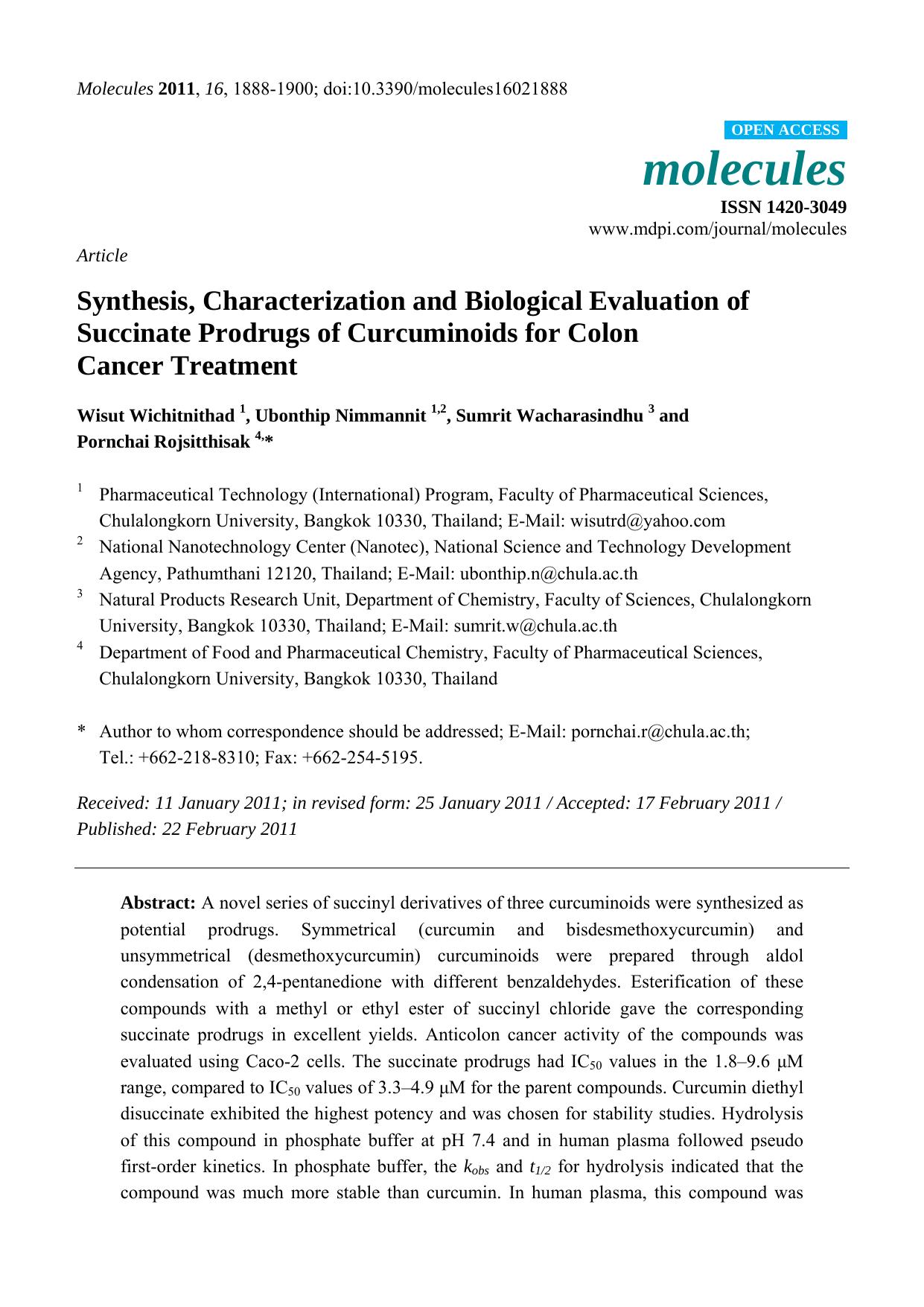 Synthesis, Characterization and Biological Evaluation of Succinate Prodrugs of Curcuminoids for Colon Cancer Treatment by Wisut Wichitnithad & Ubonthip Nimmannit & Sumrit Wacharasindhu & Pornchai Rojsitthisak