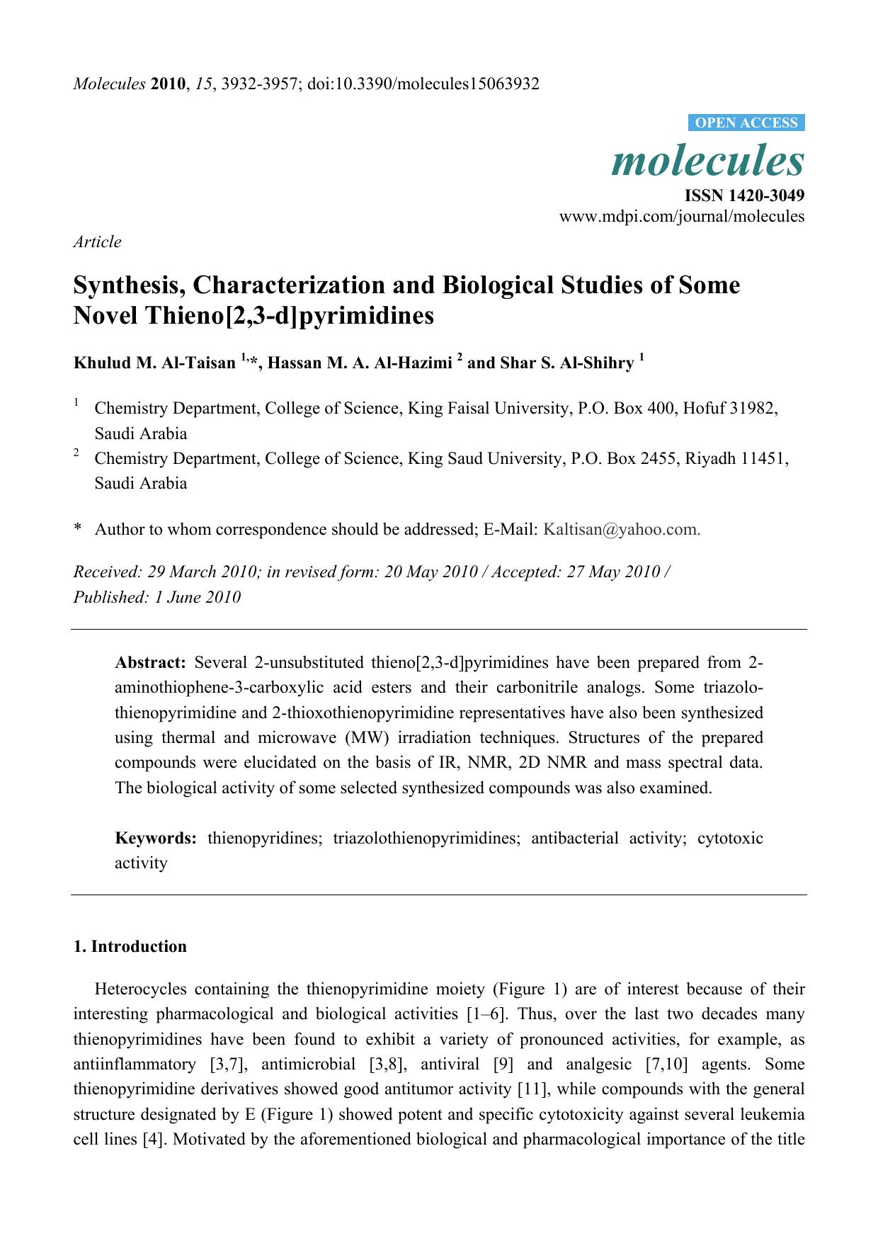 Synthesis, Characterization and Biological Studies of Some Novel Thieno[2,3-d]pyrimidines by Khulud M. Al-Taisan & Hassan M. A. Al-Hazimi & Shar S. Al-Shihry