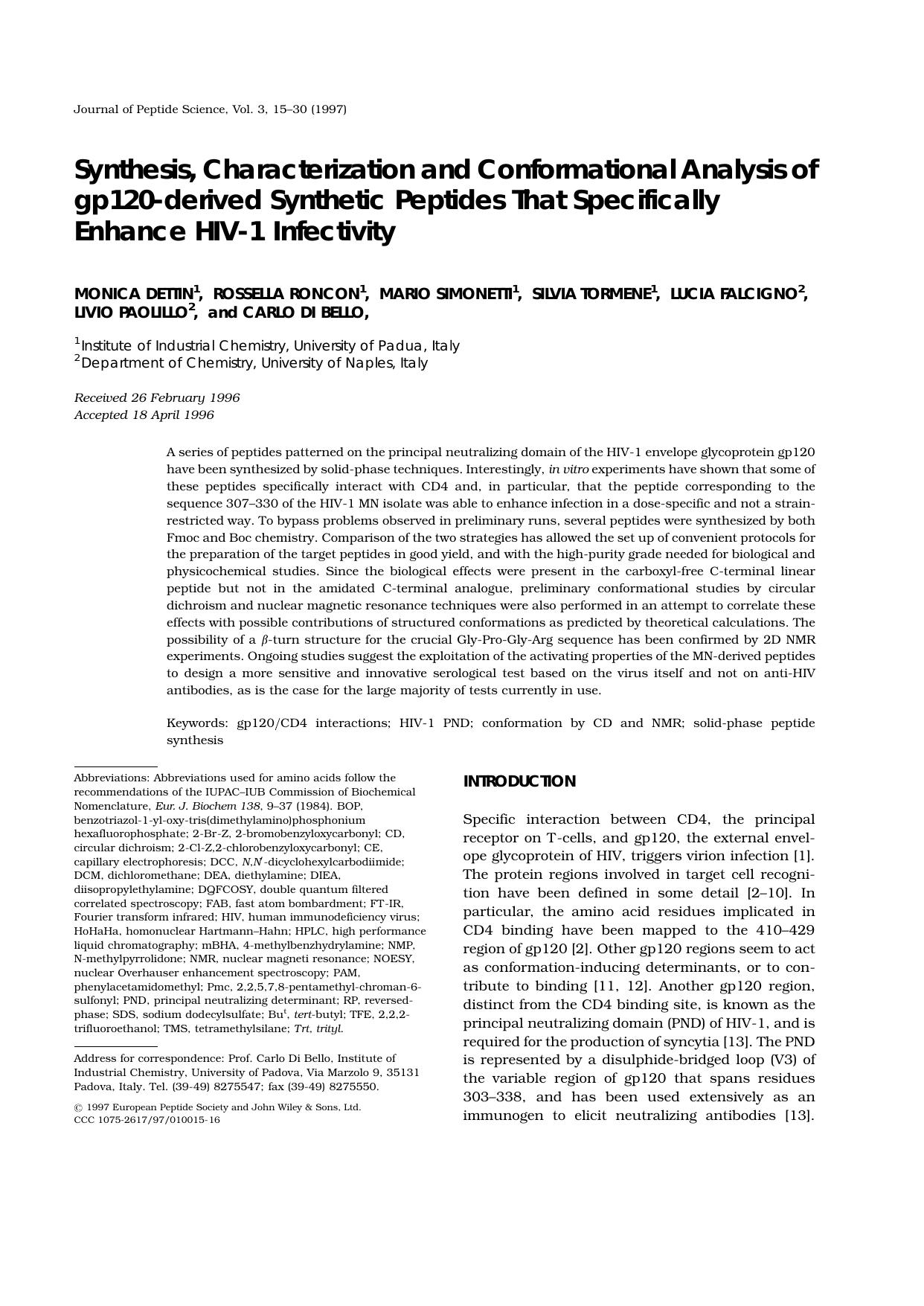 Synthesis, Characterization and Conformational Analysis of gp120-derived Synthetic Peptides That Specifically Enhance HIV-1 Infectivity by Unknown