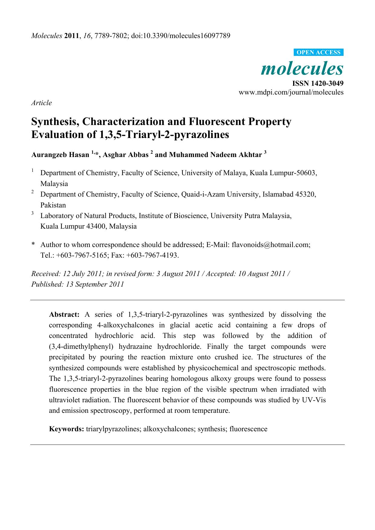 Synthesis, Characterization and Fluorescent Property Evaluation of 1,3,5-Triaryl-2-pyrazolines by Aurangzeb Hasan & Asghar Abbas & Muhammed Nadeem Akhtar