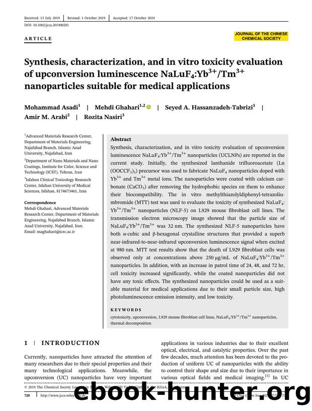 Synthesis, Characterization and In vitro Toxicity Evaluation of Upconversion Luminescence NaLuF4: Yb3+, Tm3+ Nanoparticles Suitable for Medical Applications by Unknown