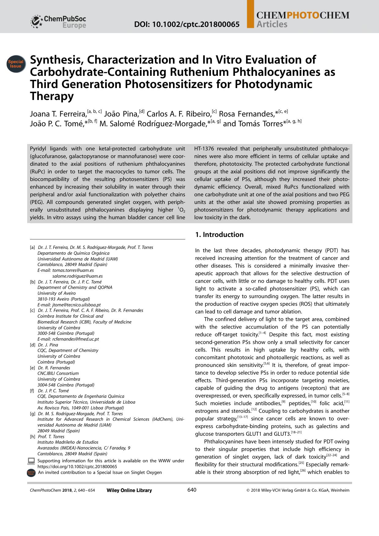 Synthesis, Characterization and InâVitro Evaluation of CarbohydrateâContaining Ruthenium Phthalocyanines as Third Generation Photosensitizers for Photodynamic Therapy by Unknown