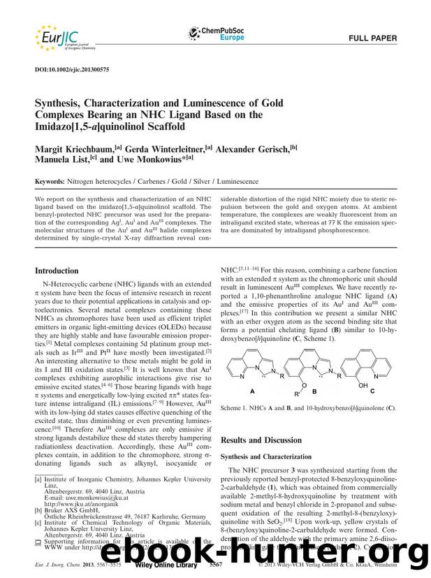 Synthesis, Characterization and Luminescence of Gold Complexes Bearing an NHC Ligand Based on the Imidazo[1,5a]quinolinol Scaffold by Unknown