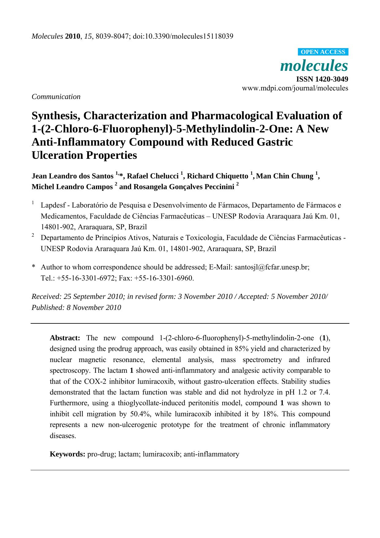 Synthesis, Characterization and Pharmacological Evaluation of 1-(2-Chloro-6-Fluorophenyl)-5-Methylindolin-2-One: A New Anti-Inflammatory Compound with Reduced Gastric Ulceration Properties by unknow