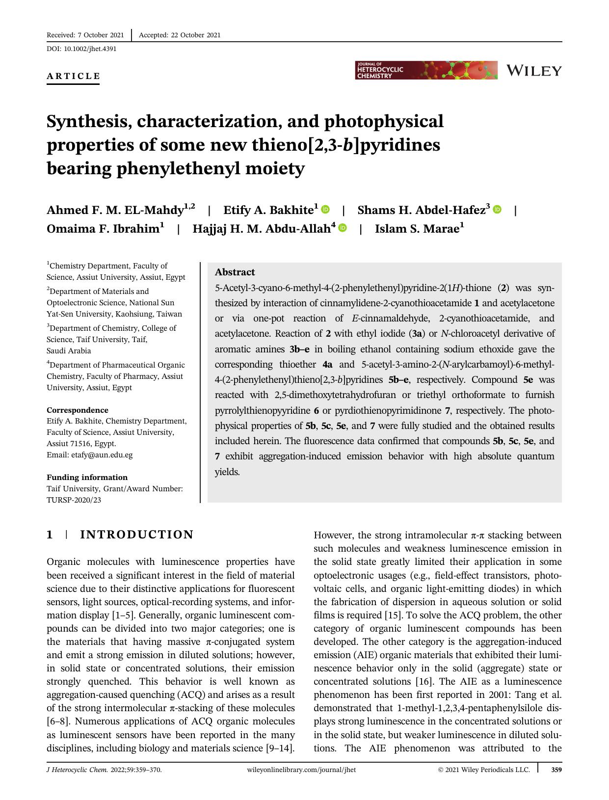 Synthesis, Characterization and Photophysical Properties of Some New Thieno[2,3- b ]pyridines bearing phenylethenyl moiety by Unknown