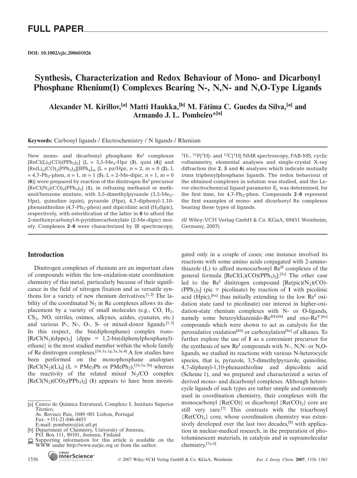 Synthesis, Characterization and Redox Behaviour of Mono- and Dicarbonyl Phosphane Rhenium(I) Complexes Bearing N-, N,N- and N,O-Type Ligands by Unknown
