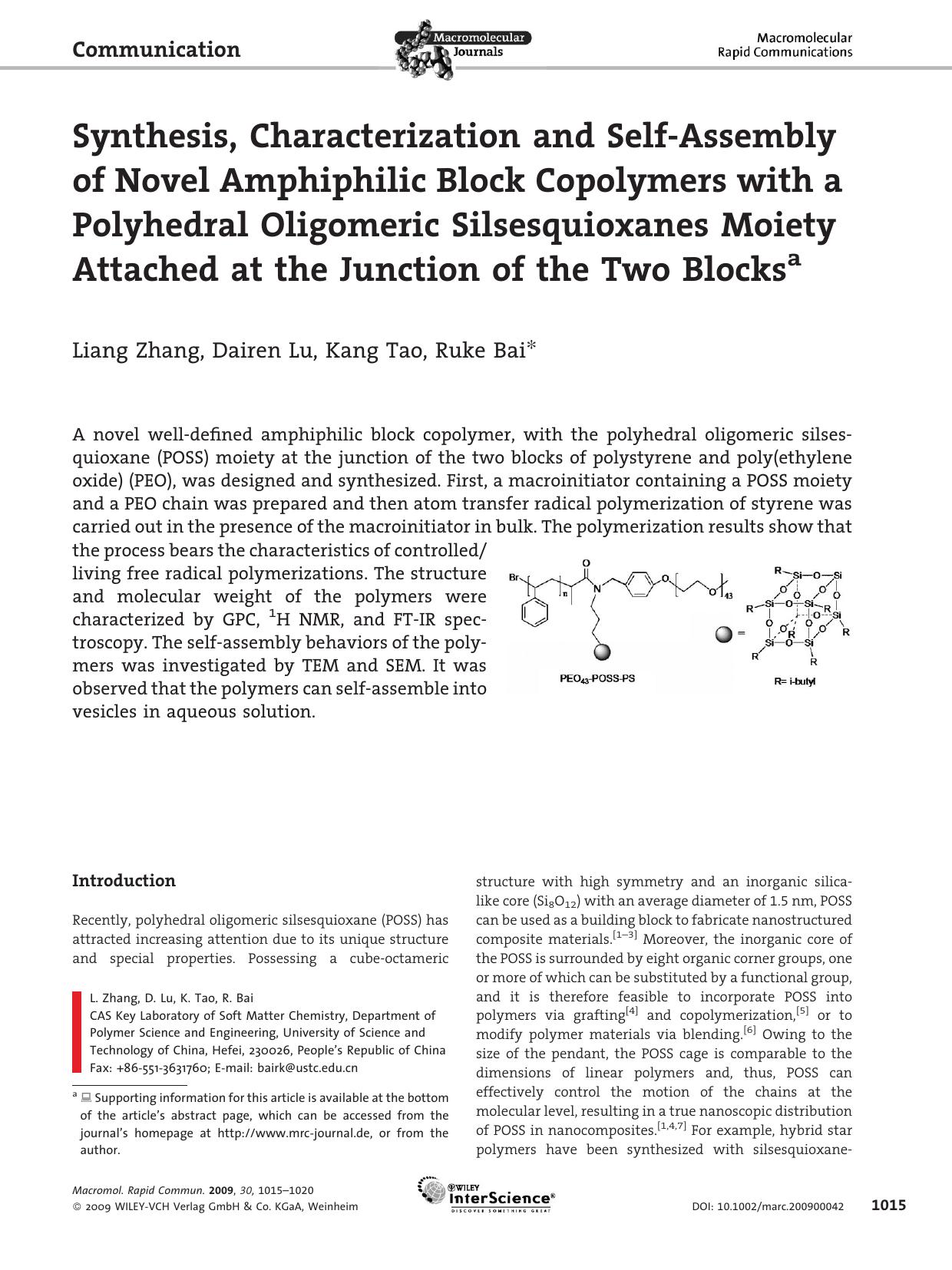 Synthesis, Characterization and Self-Assembly of Novel Amphiphilic Block Copolymers with a Polyhedral Oligomeric Silsesquioxanes Moiety Attached at the Junction of the Two Blocks by Unknown