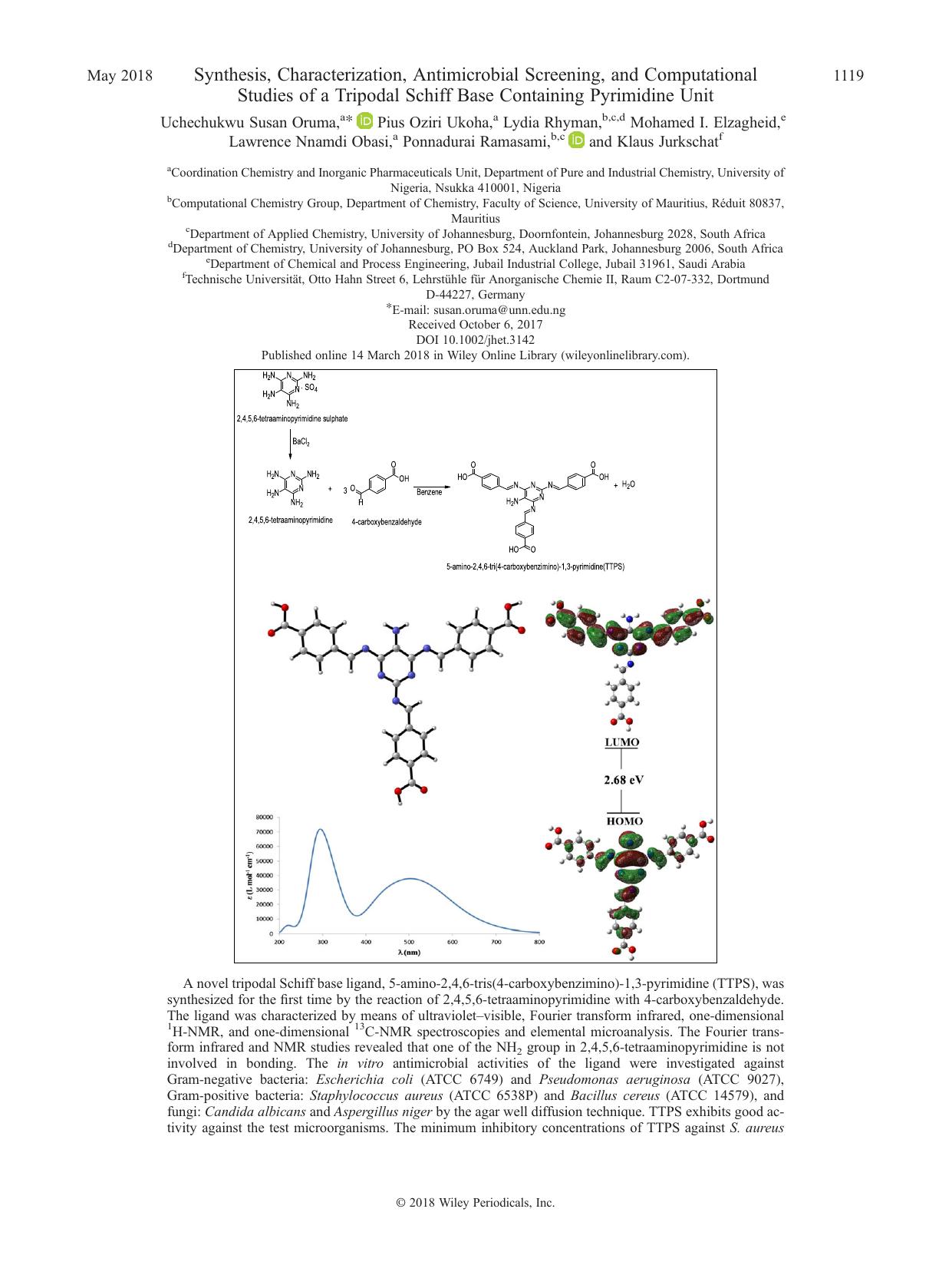 Synthesis, Characterization, Antimicrobial Screening, and Computational Studies of a Tripodal Schiff Base Containing Pyrimidine Unit by unknow