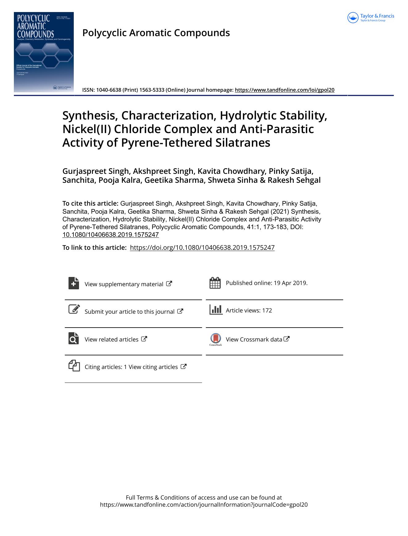 Synthesis, Characterization, Hydrolytic Stability, Nickel(II) Chloride Complex and Anti-Parasitic Activity of Pyrene-Tethered Silatranes by unknow