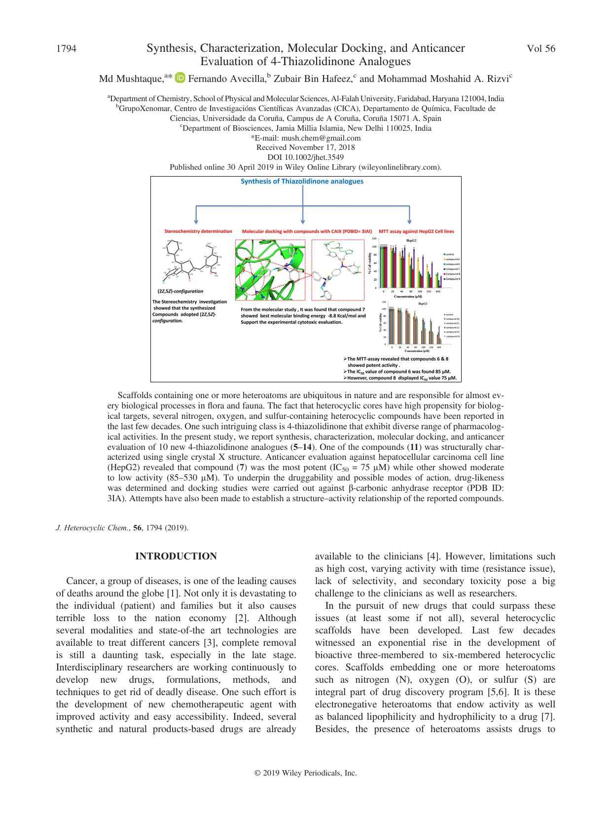 Synthesis, Characterization, Molecular Docking, and Anticancer Evaluation of 4-Thiazolidinone Analogues by Md Mushtaque Fernando Avecilla Zubair Bin Hafeez Mohammad Moshahid A. Rizvi