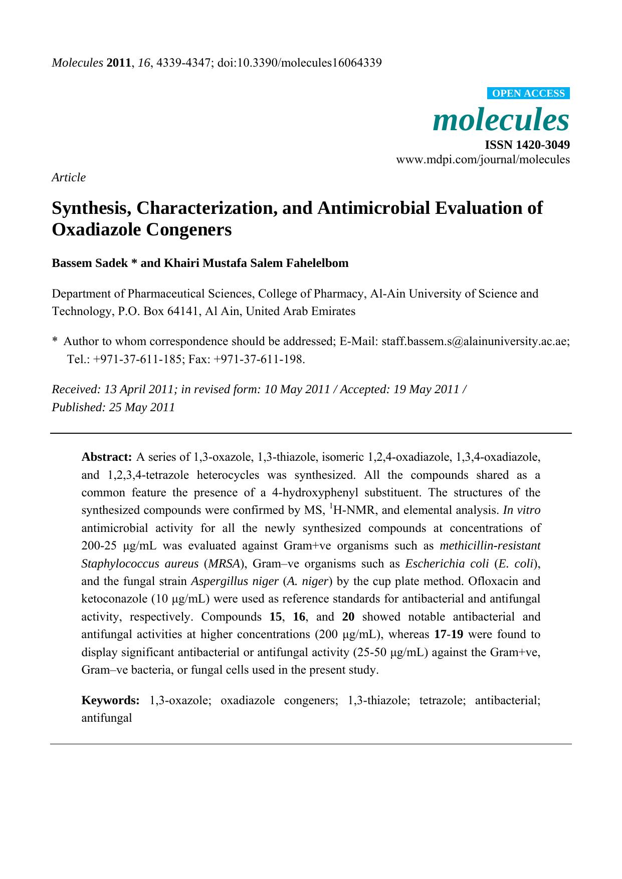 Synthesis, Characterization, and Antimicrobial Evaluation of Oxadiazole Congeners by Bassem Sadek & Khairi Mustafa Salem Fahelelbom