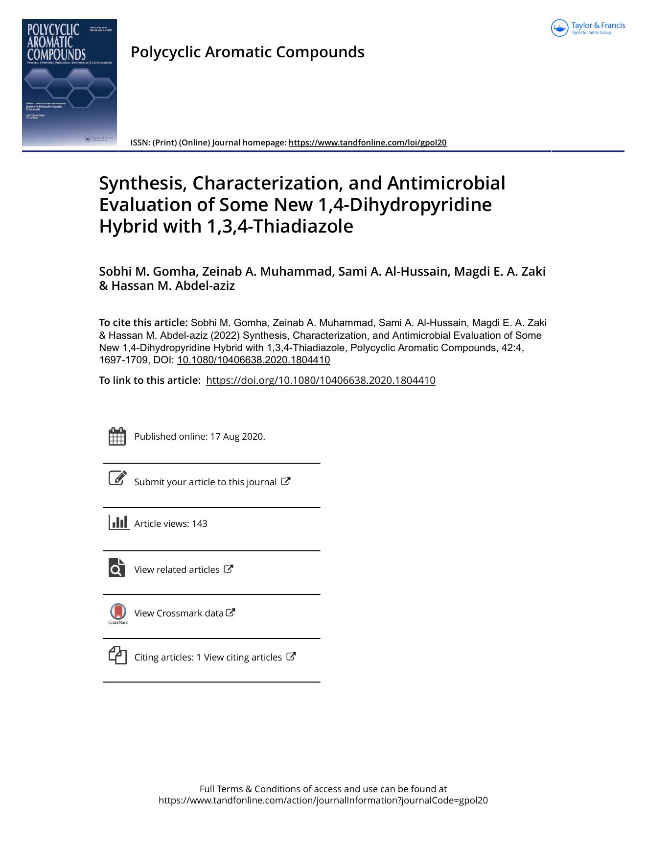 Synthesis, Characterization, and Antimicrobial Evaluation of Some New 1,4-Dihydropyridine Hybrid with 1,3,4-Thiadiazole by Gomha Sobhi M. & Muhammad Zeinab A. & Al-Hussain Sami A. & Zaki Magdi E. A. & Abdel-aziz Hassan M