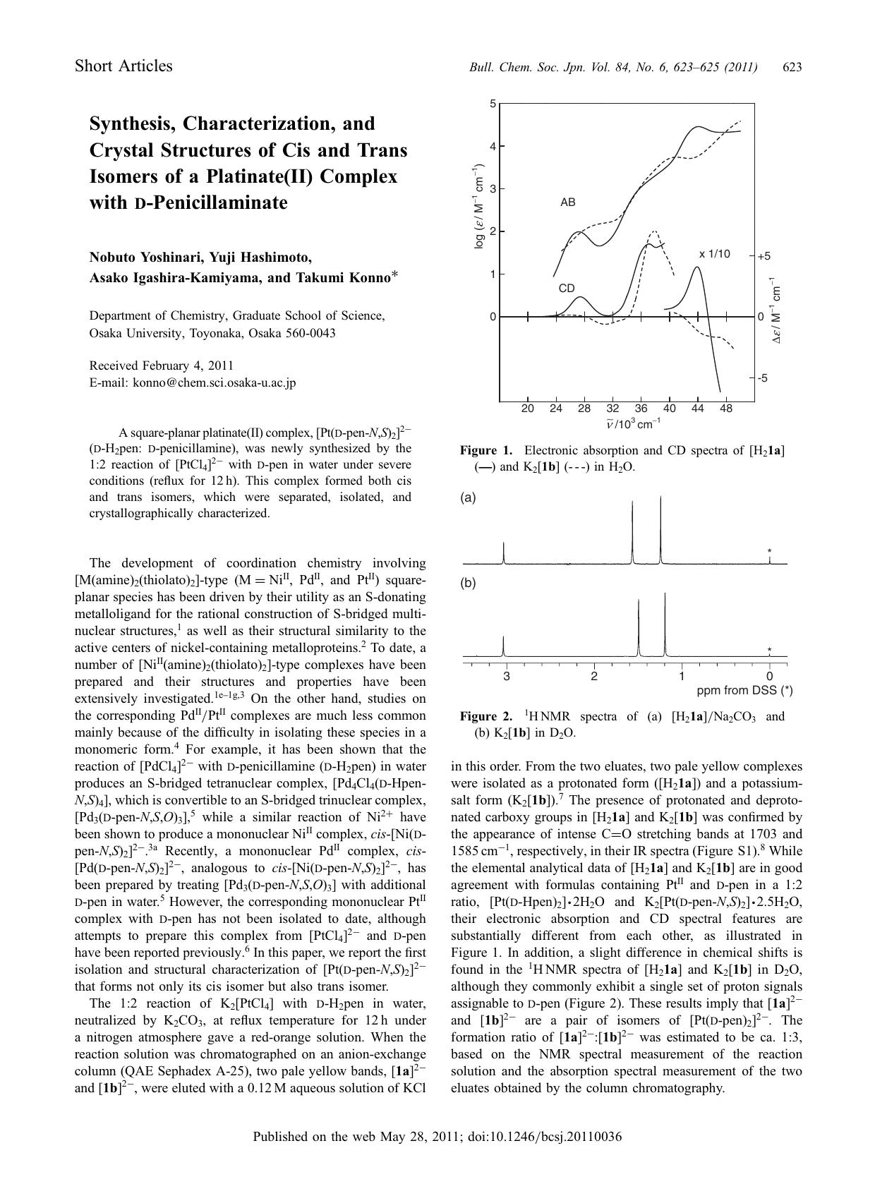 Synthesis, Characterization, and Crystal Structures of Cis and Trans Isomers of a Platinate(II) Complex with d-Penicillaminate by （社）日本化学会　The Chemical Society of Japan