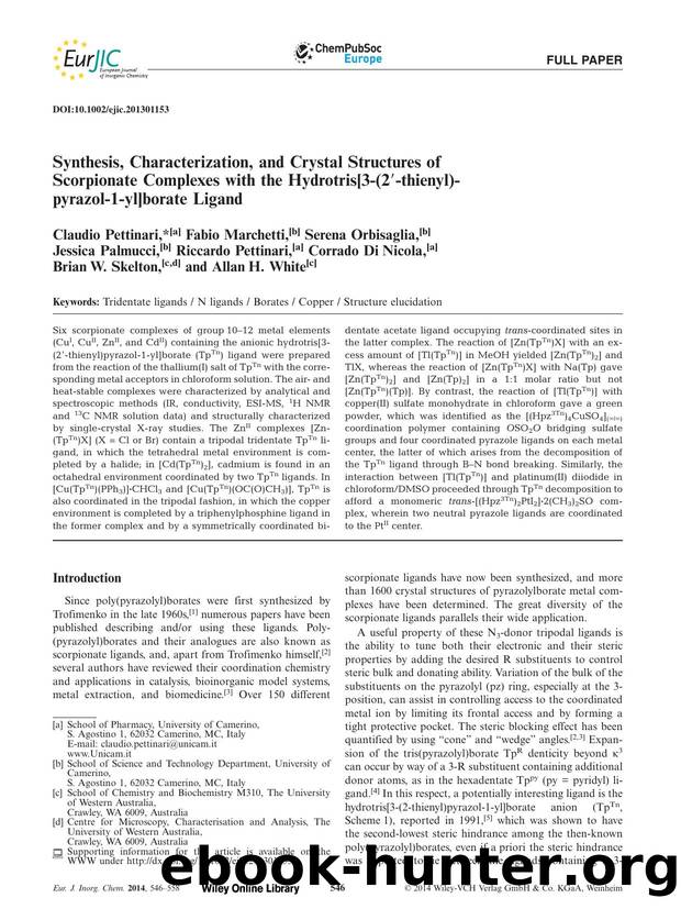 Synthesis, Characterization, and Crystal Structures of Scorpionate Complexes with the Hydrotris[3(2thienyl)pyrazol1yl]borate Ligand by Unknown