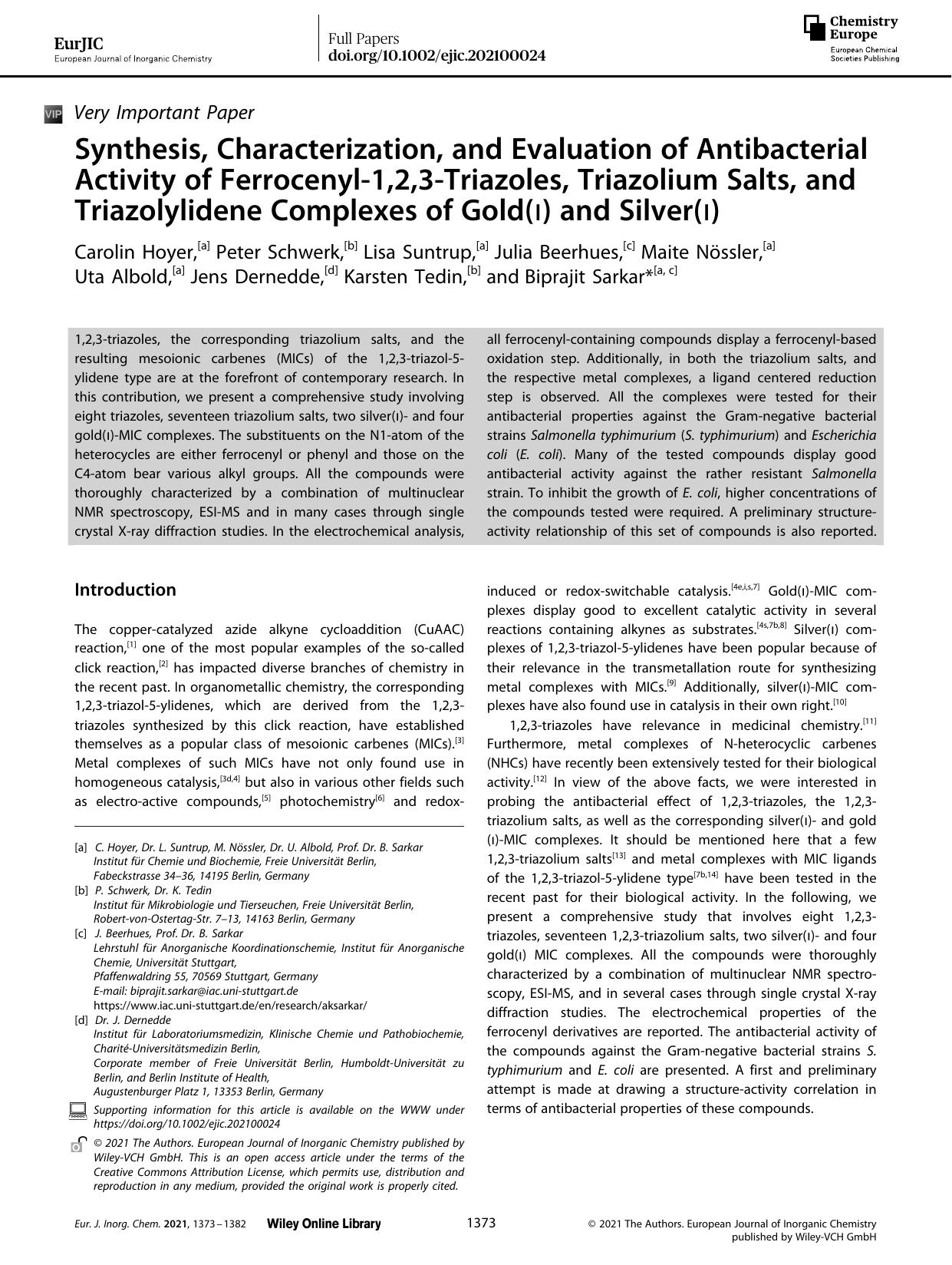 Synthesis, Characterization, and Evaluation of Antibacterial Activity of Ferrocenylâ1,2,3âTriazoles, Triazolium Salts, and Triazolylidene Complexes of Gold(i) and Silver(i) by Unknown