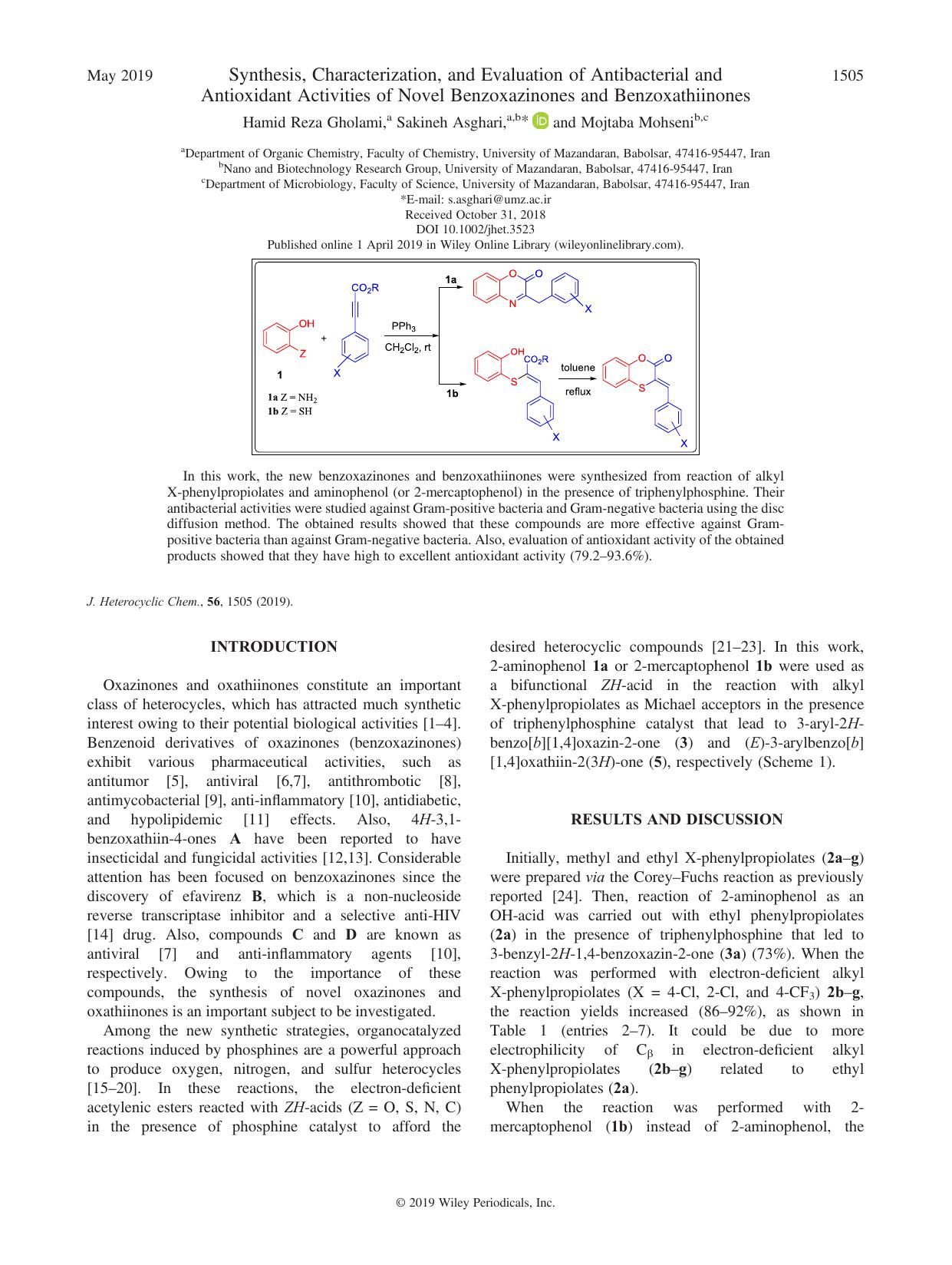 Synthesis, Characterization, and Evaluation of Antibacterial and Antioxidant Activities of Novel Benzoxazinones and Benzoxathiinones by Hamid Reza Gholami Sakineh Asghari Mojtaba Mohseni