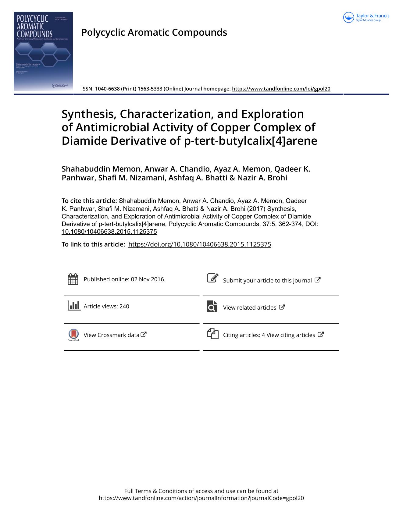Synthesis, Characterization, and Exploration of Antimicrobial Activity of Copper Complex of Diamide Derivative of p-tert-butylcalix[4]arene by unknow