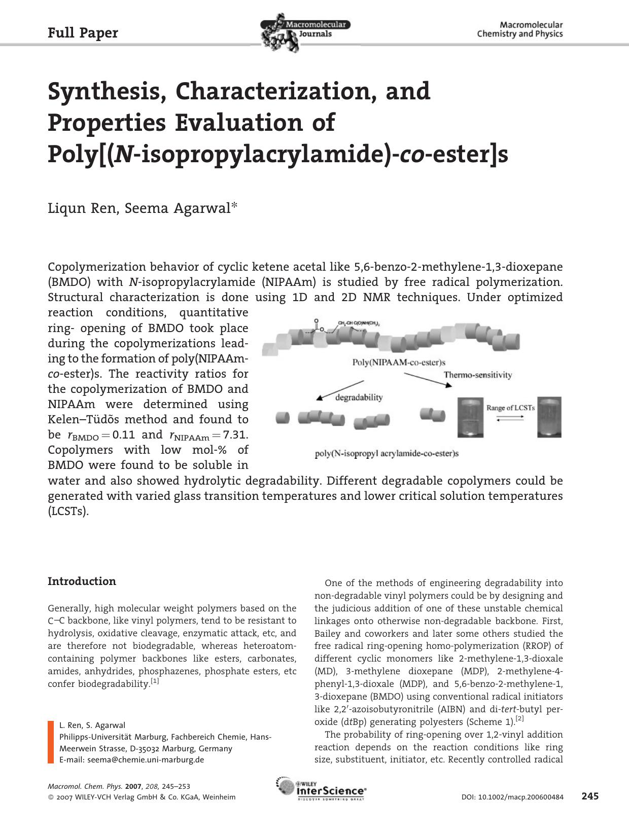 Synthesis, Characterization, and Properties Evaluation of Poly[(N-isopropylacrylamide)-co-ester]s by unknow