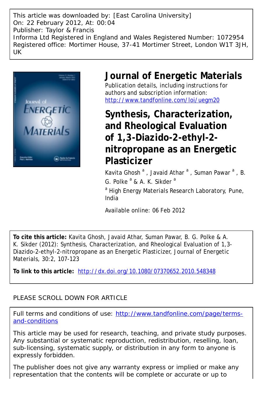 Synthesis, Characterization, and Rheological Evaluation of 1,3-Diazido-2-ethyl-2-nitropropane as an Energetic Plasticizer by unknow