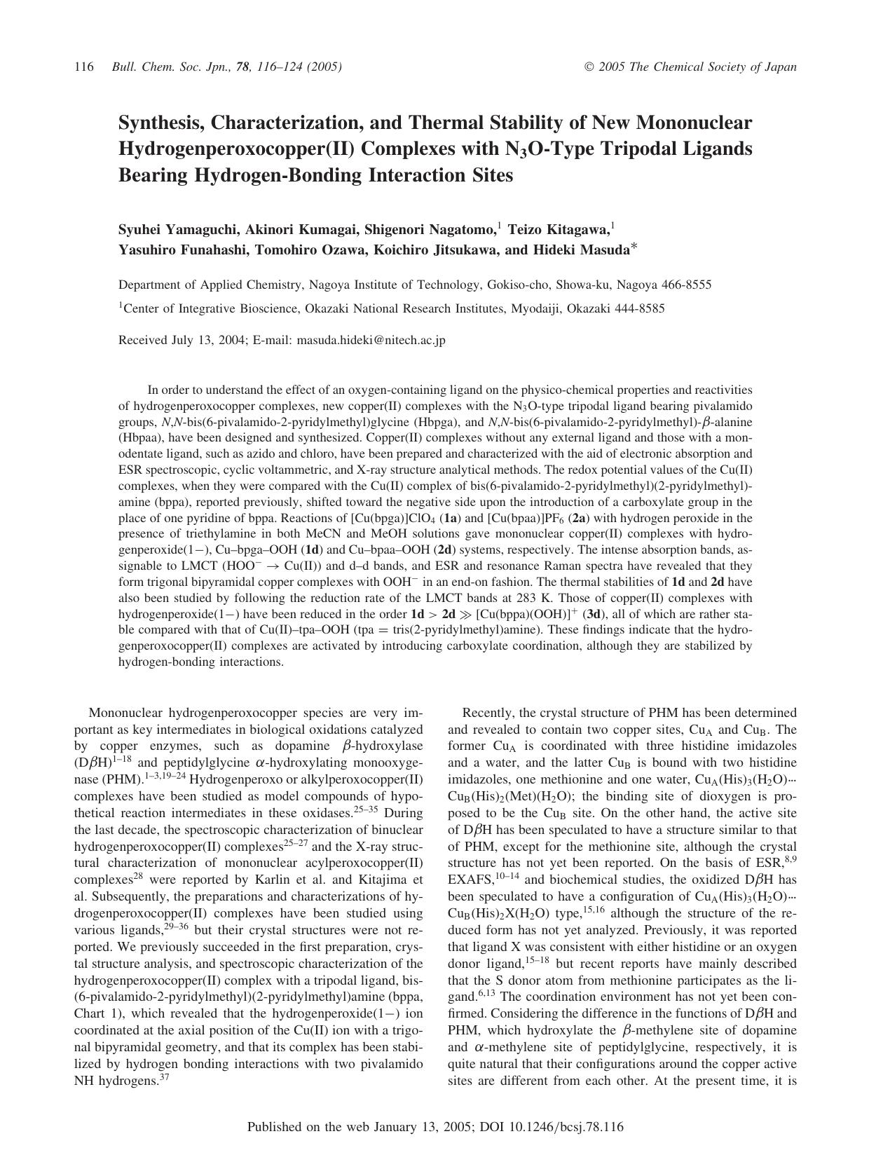 Synthesis, Characterization, and Thermal Stability of New Mononuclear Hydrogenperoxocopper(II) Complexes with N_{3}O-Type Tripodal Ligands Bearing Hydrogen-Bonding Interaction Sites by unknow