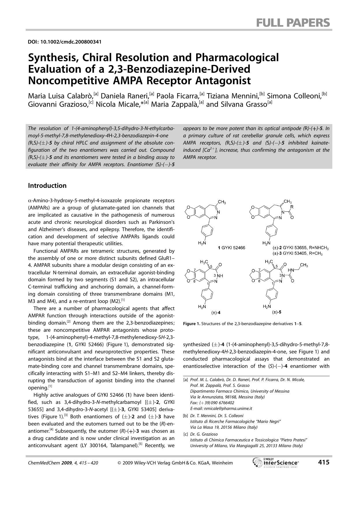 Synthesis, Chiral Resolution and Pharmacological Evaluation of a 2,3-Benzodiazepine-Derived Noncompetitive AMPA Receptor Antagonist by Unknown