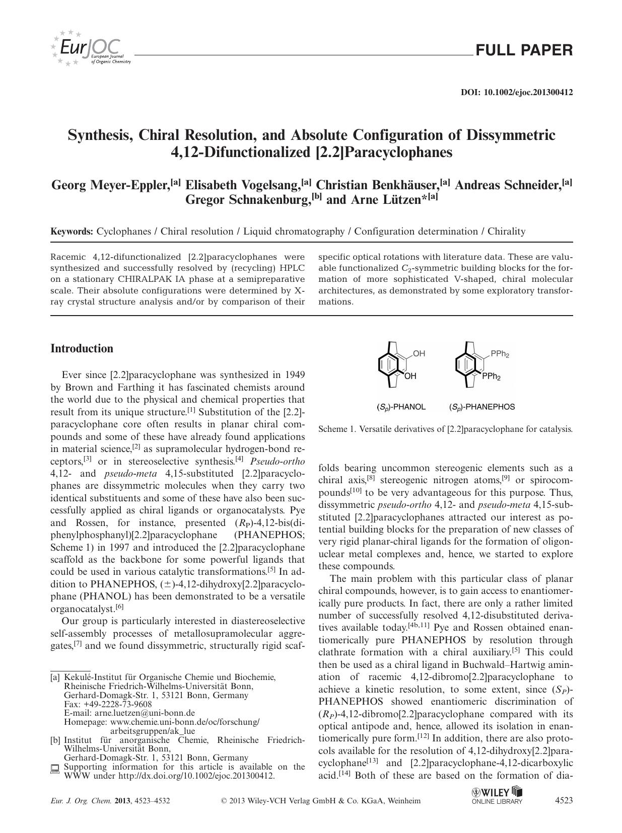 Synthesis, Chiral Resolution, and Absolute Configuration of Dissymmetric 4,12Difunctionalized [2.2]Paracyclophanes by Unknown