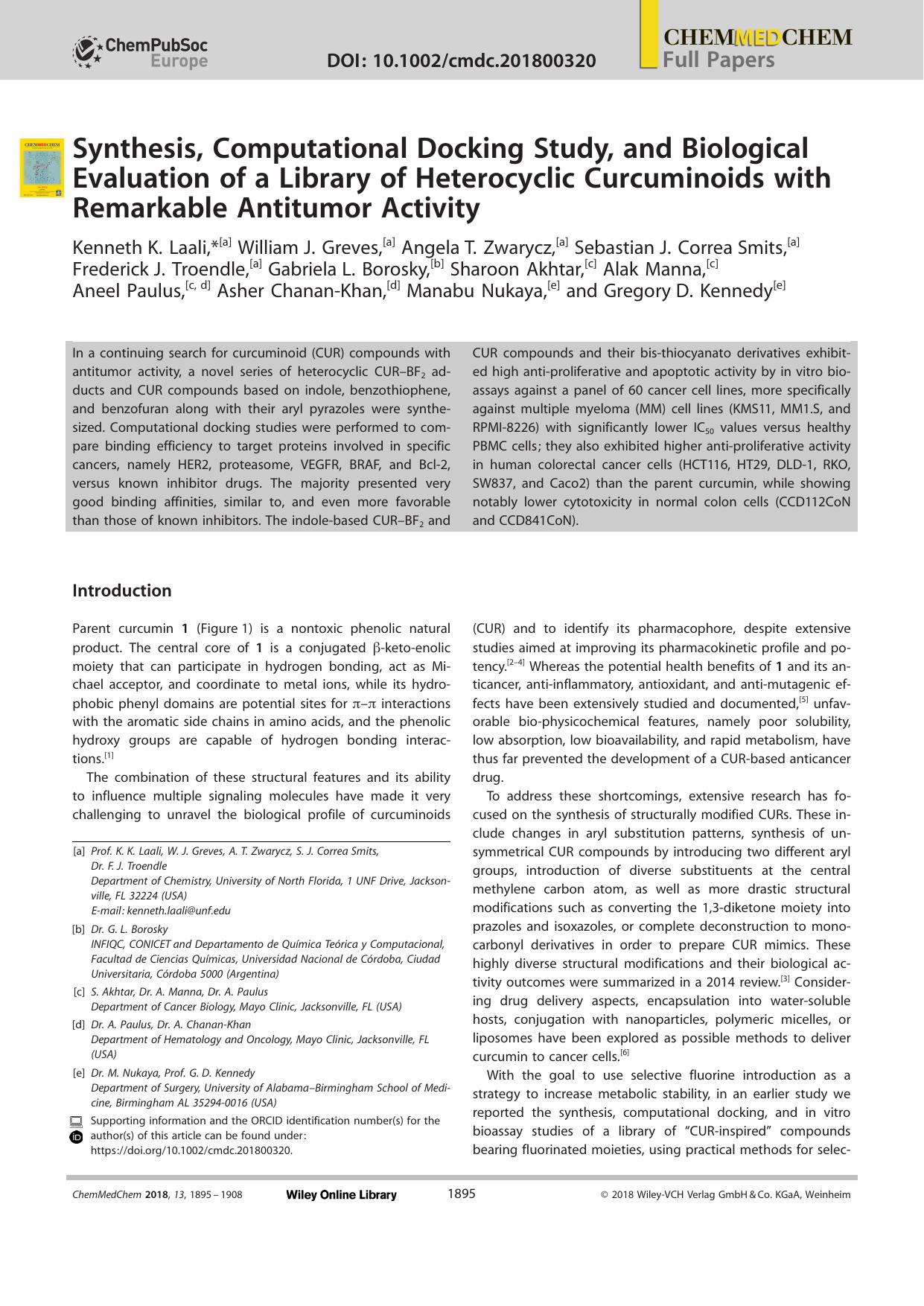 Synthesis, Computational Docking Study, and Biological Evaluation of a Library of Heterocyclic Curcuminoids with Remarkable Antitumor Activity by Unknown