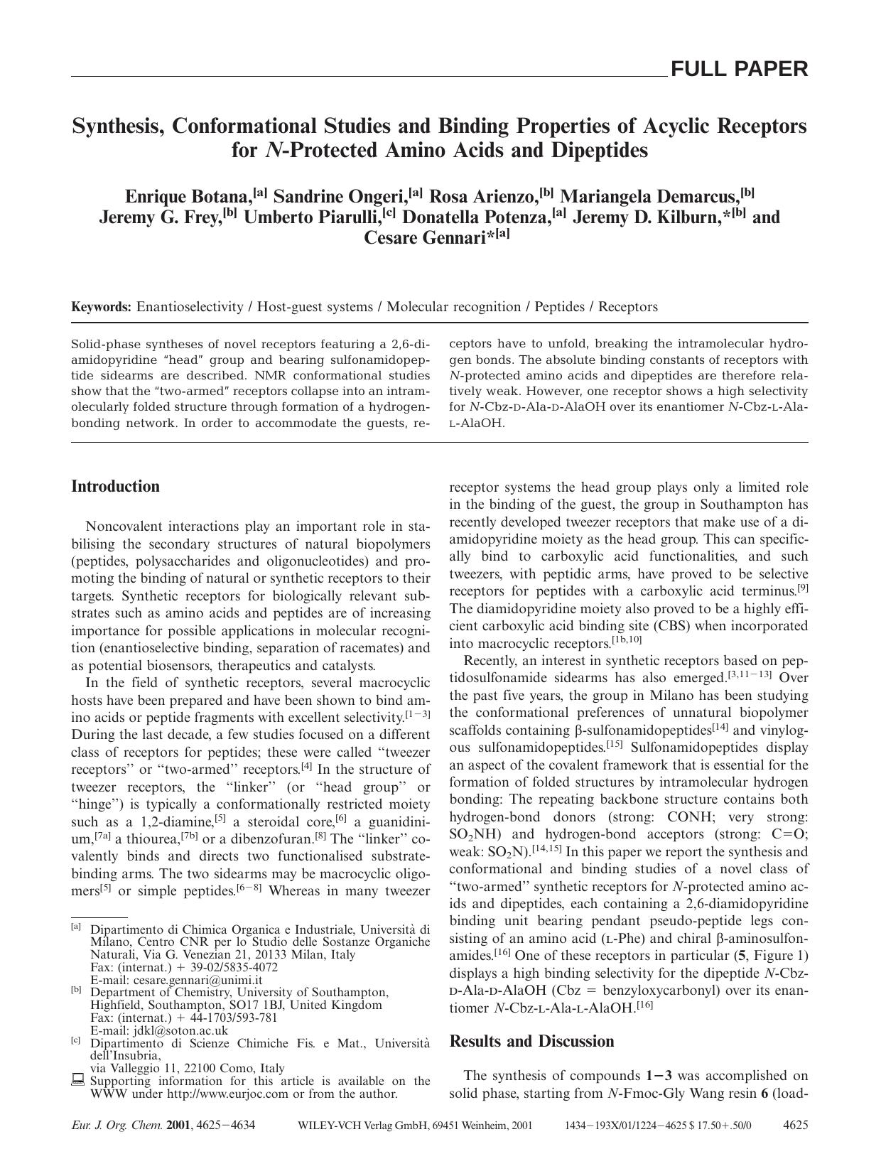 Synthesis, Conformational Studies and Binding Properties of Acyclic Receptors for N-Protected Amino Acids and Dipeptides by Unknown