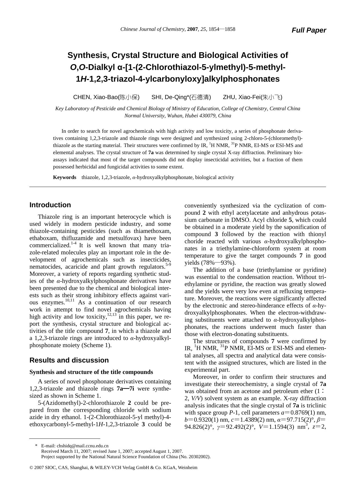 Synthesis, Crystal Structure and Biological Activities of O,O-Dialkyl [alpha]-[1-(2-Chlorothiazol-5-ylmethyl)-5-methyl- 1H-1,2,3-triazol-4-ylcarbonyloxy]alkylphosphonates by zhaoxiaojuan