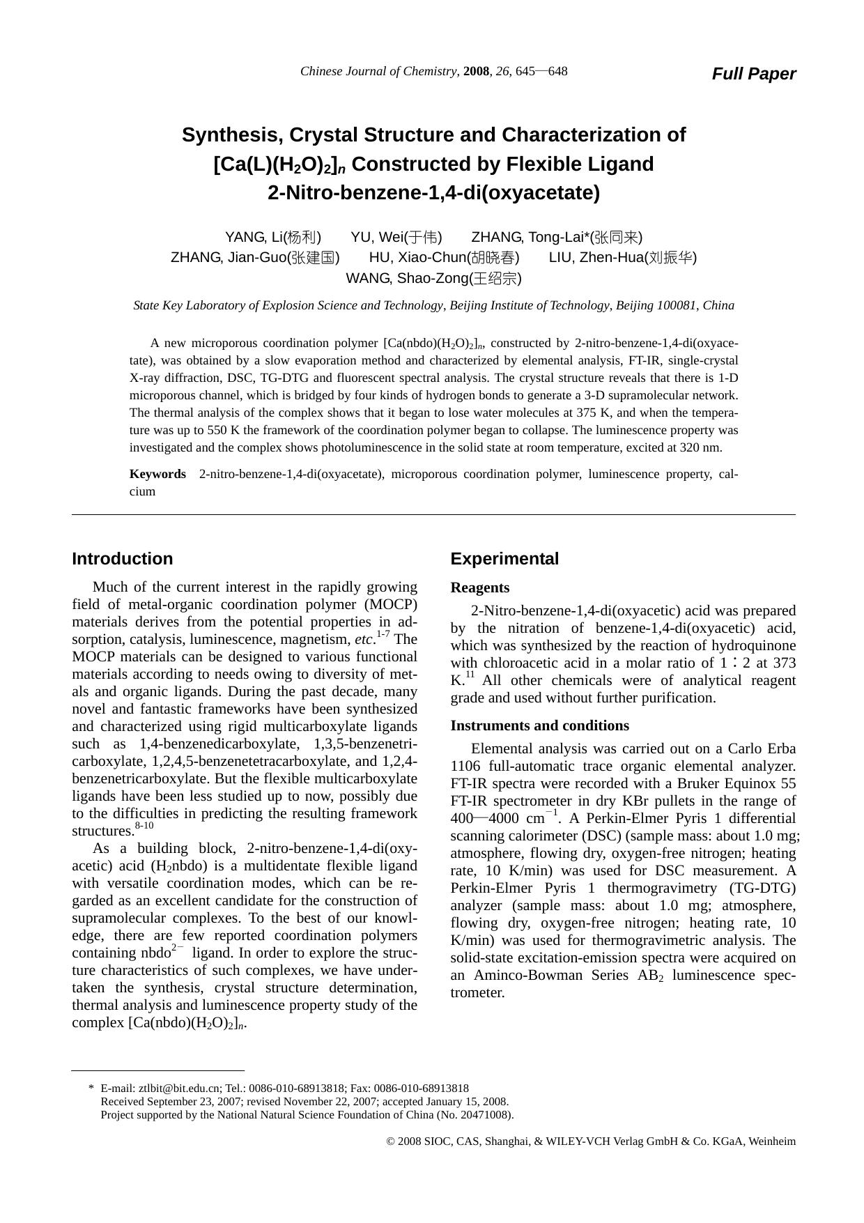 Synthesis, Crystal Structure and Characterization of [Ca(L)(H2O)2]n Constructed by Flexible Ligand 2-Nitro-benzene-1,4-di(oxyacetate) by uy
