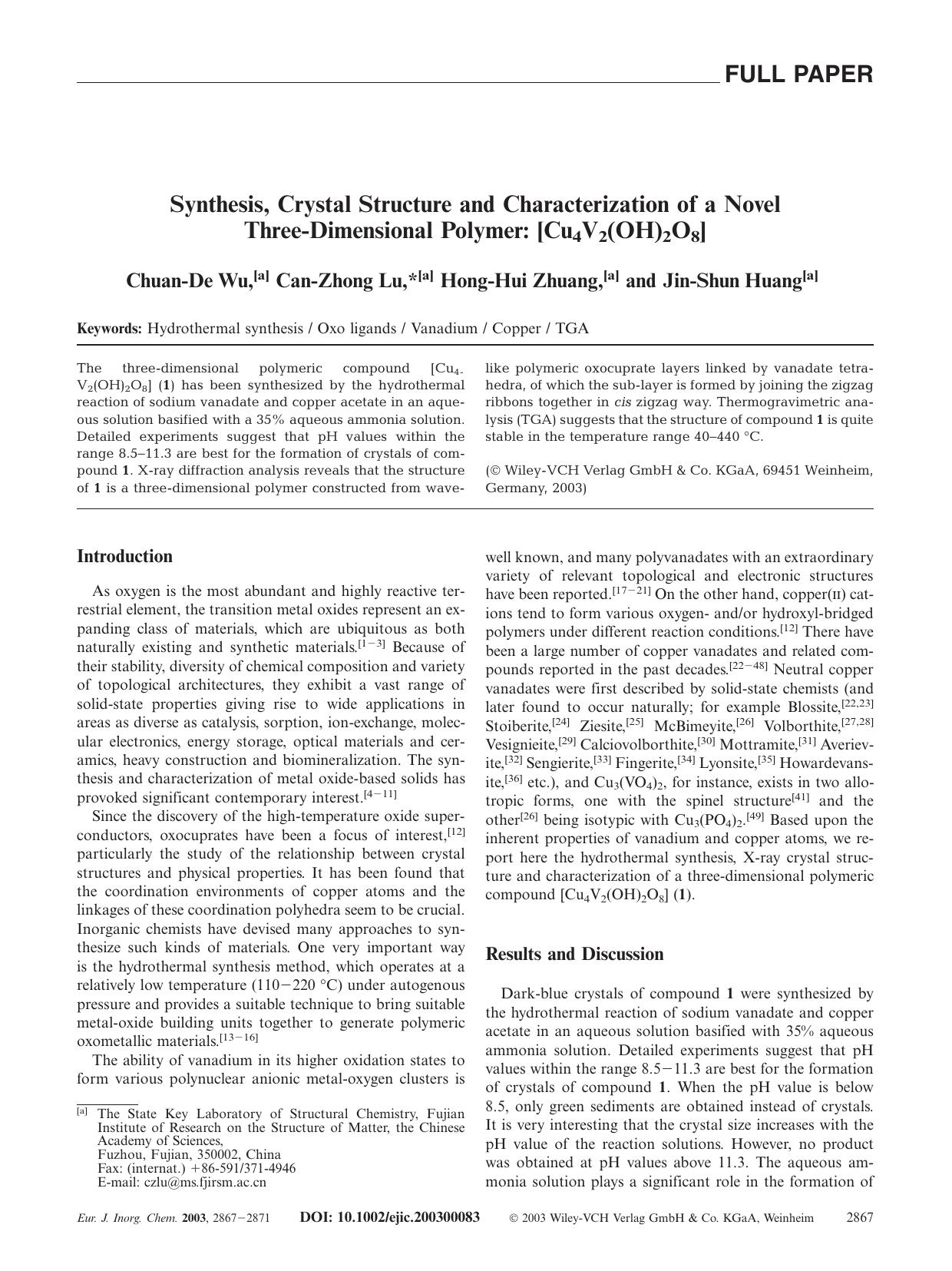 Synthesis, Crystal Structure and Characterization of a Novel Three-Dimensional Polymer: [Cu4V2(OH)2O8] by Unknown